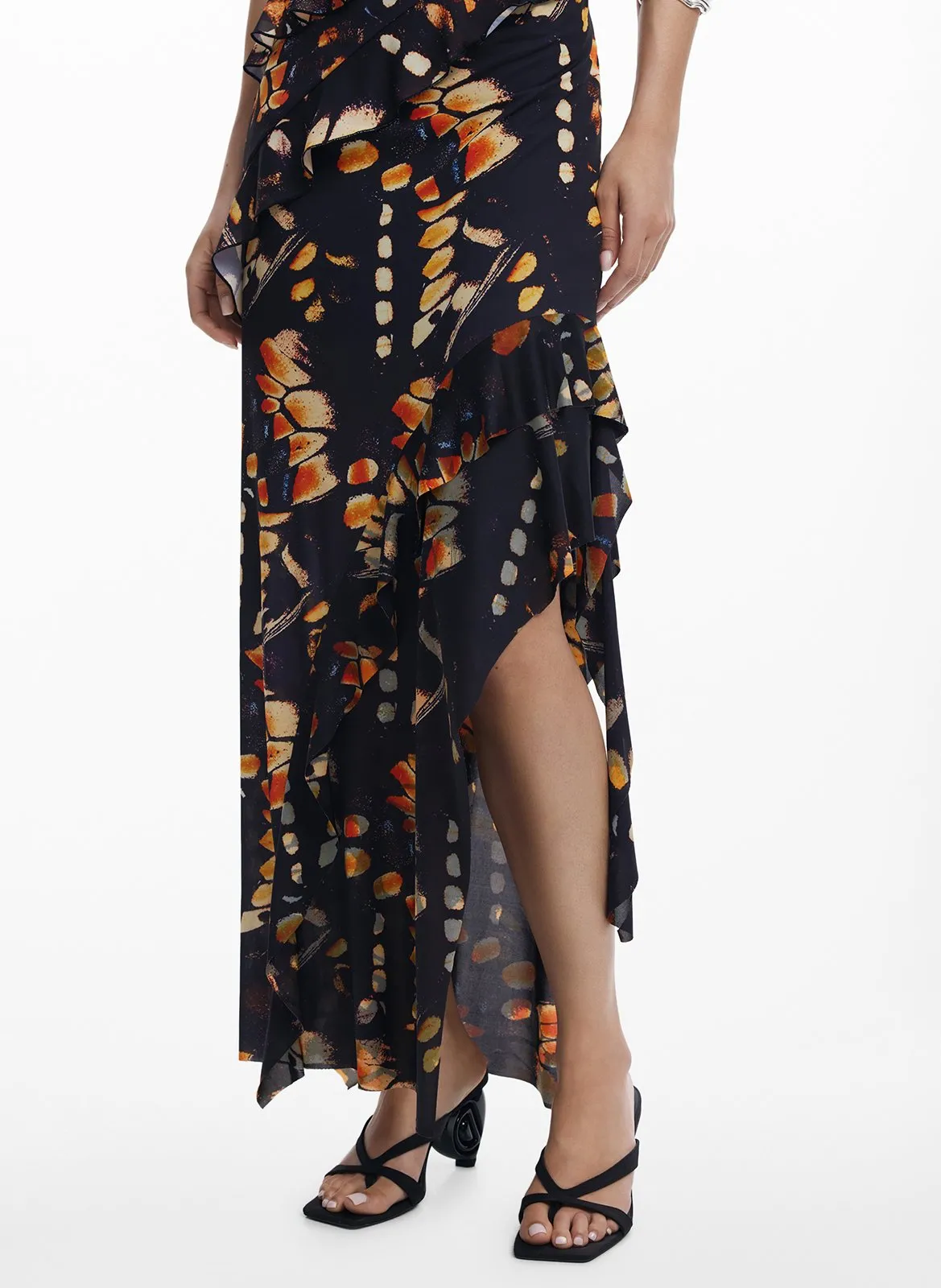 Jupe longue asymétrique imprimée Noir