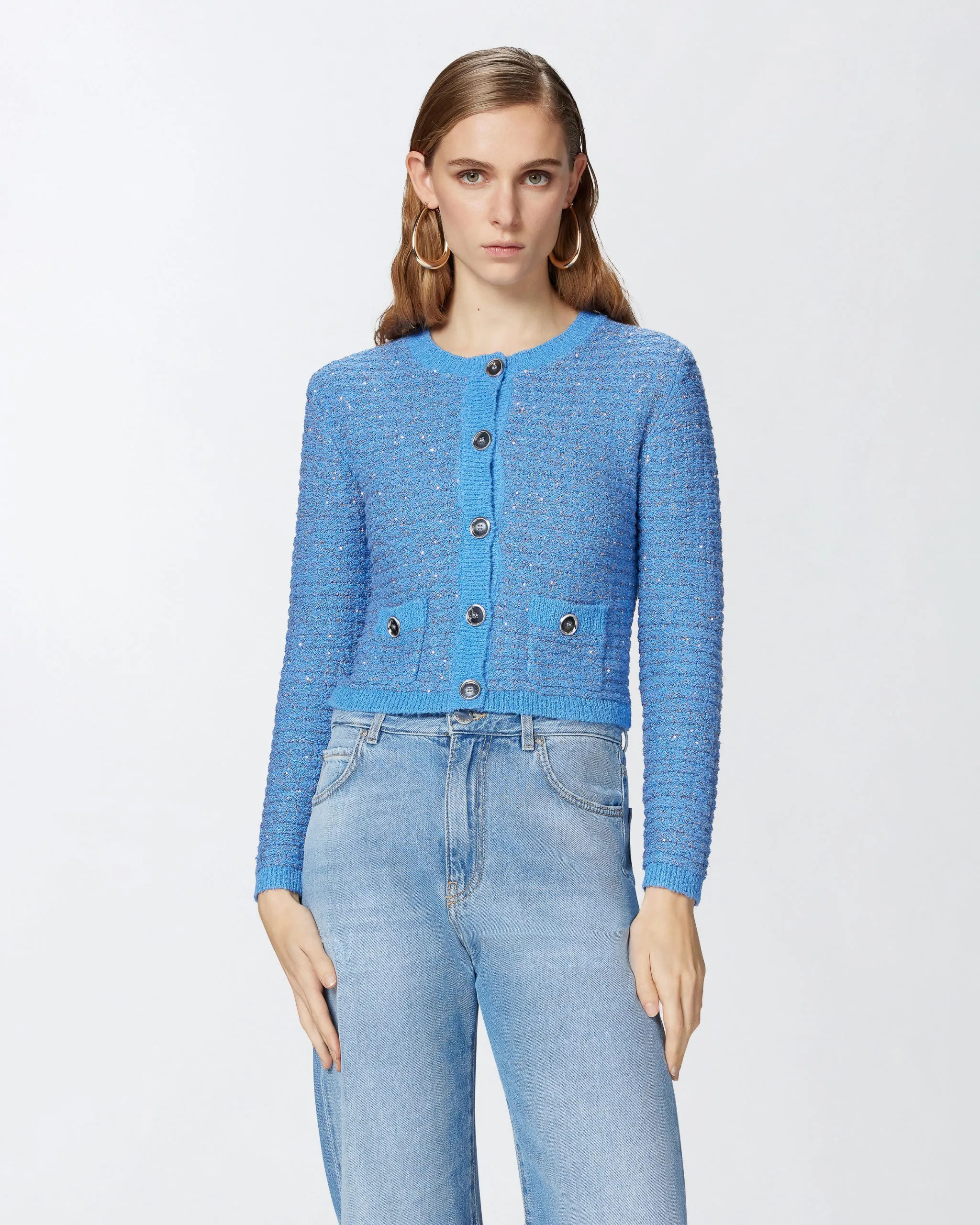 Veste courte pailletée à poches Bleu