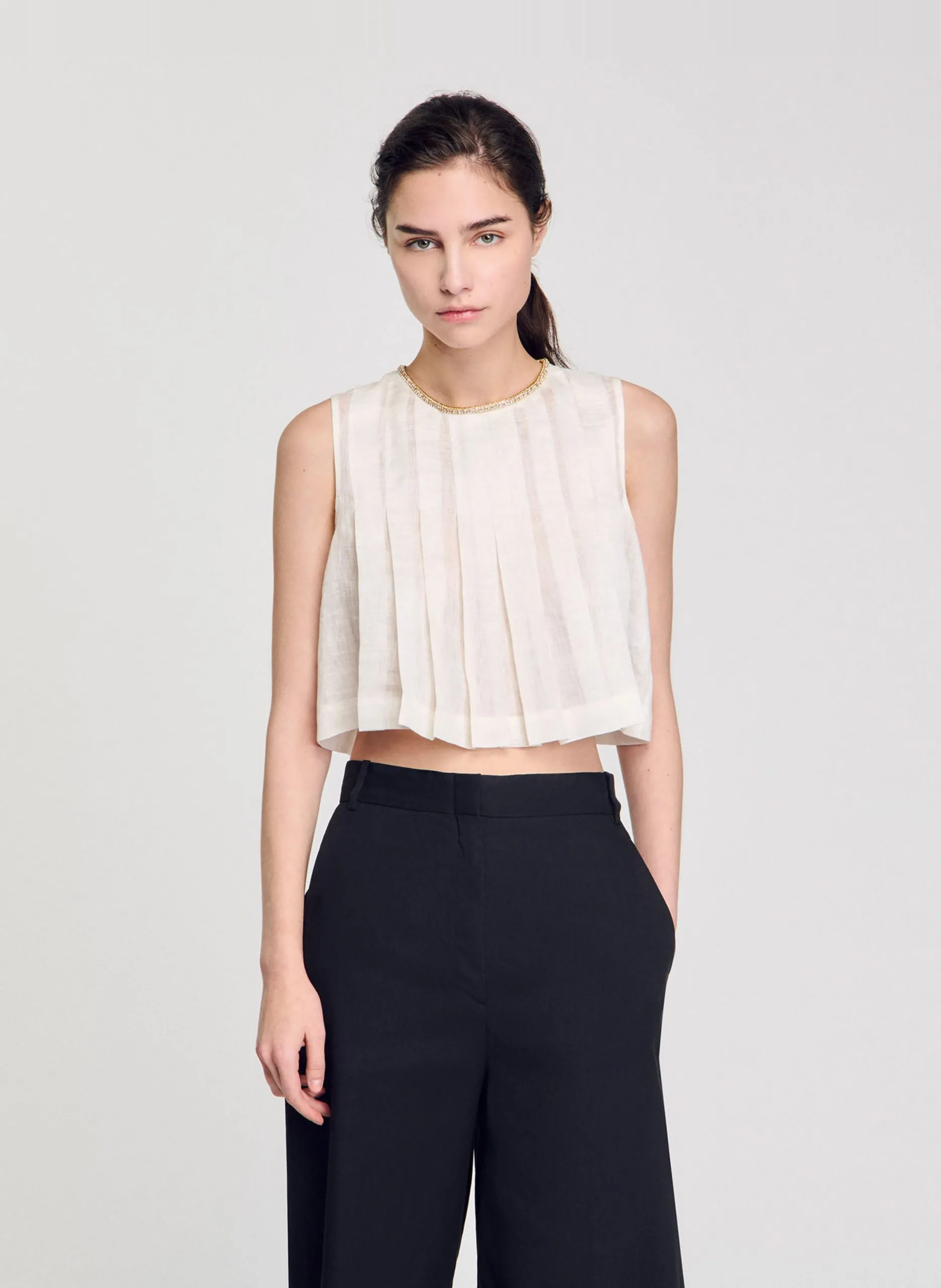 Top ample court en lin mélangé Blanc