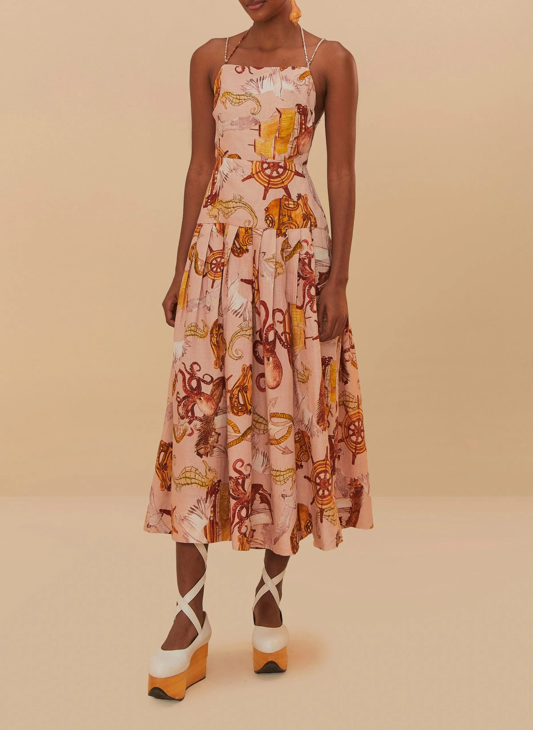 Robe midi encolure carré en lin mélangé Rose