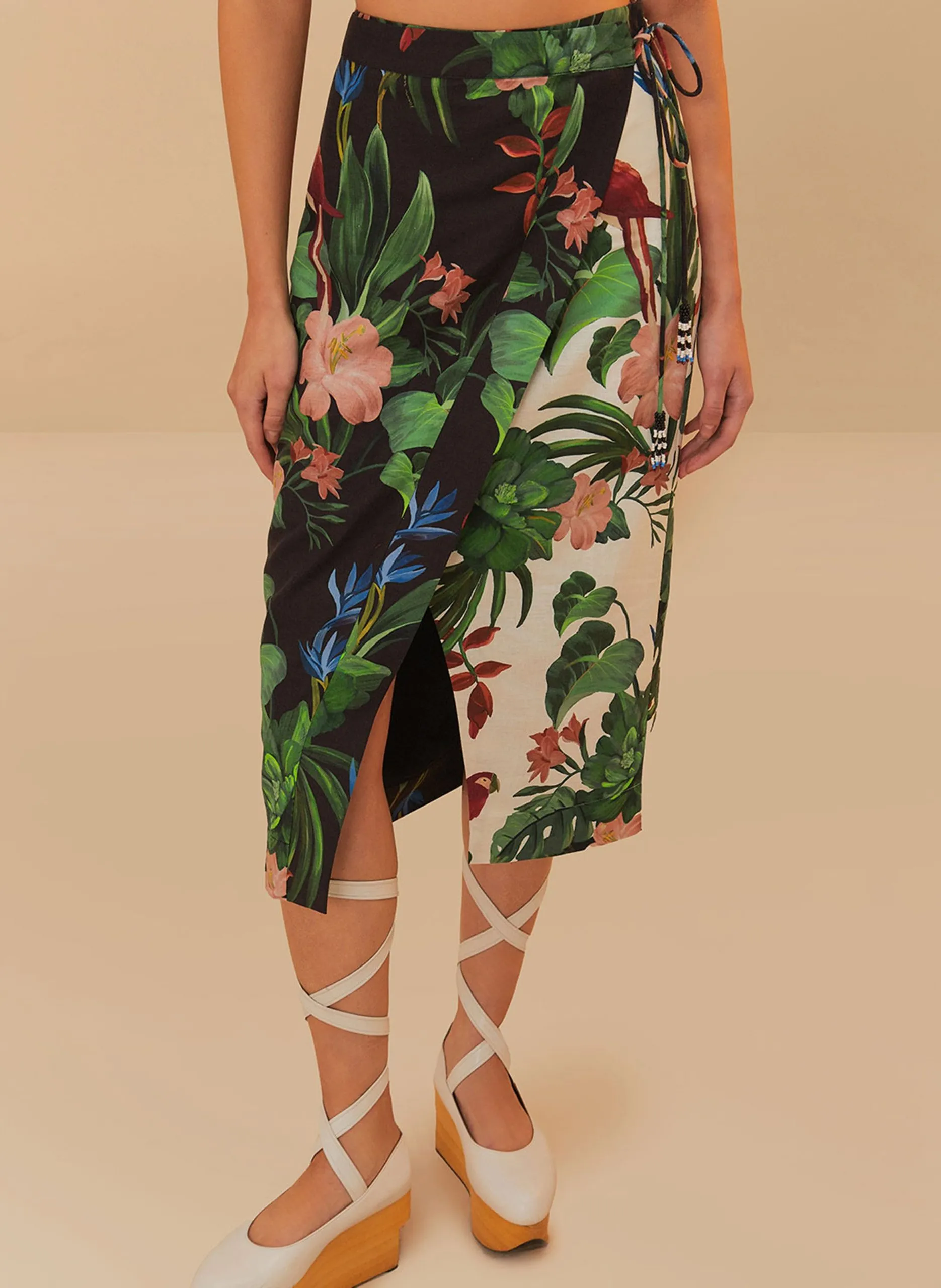 Jupe midi portefeuille en lin mélangé Multicolore