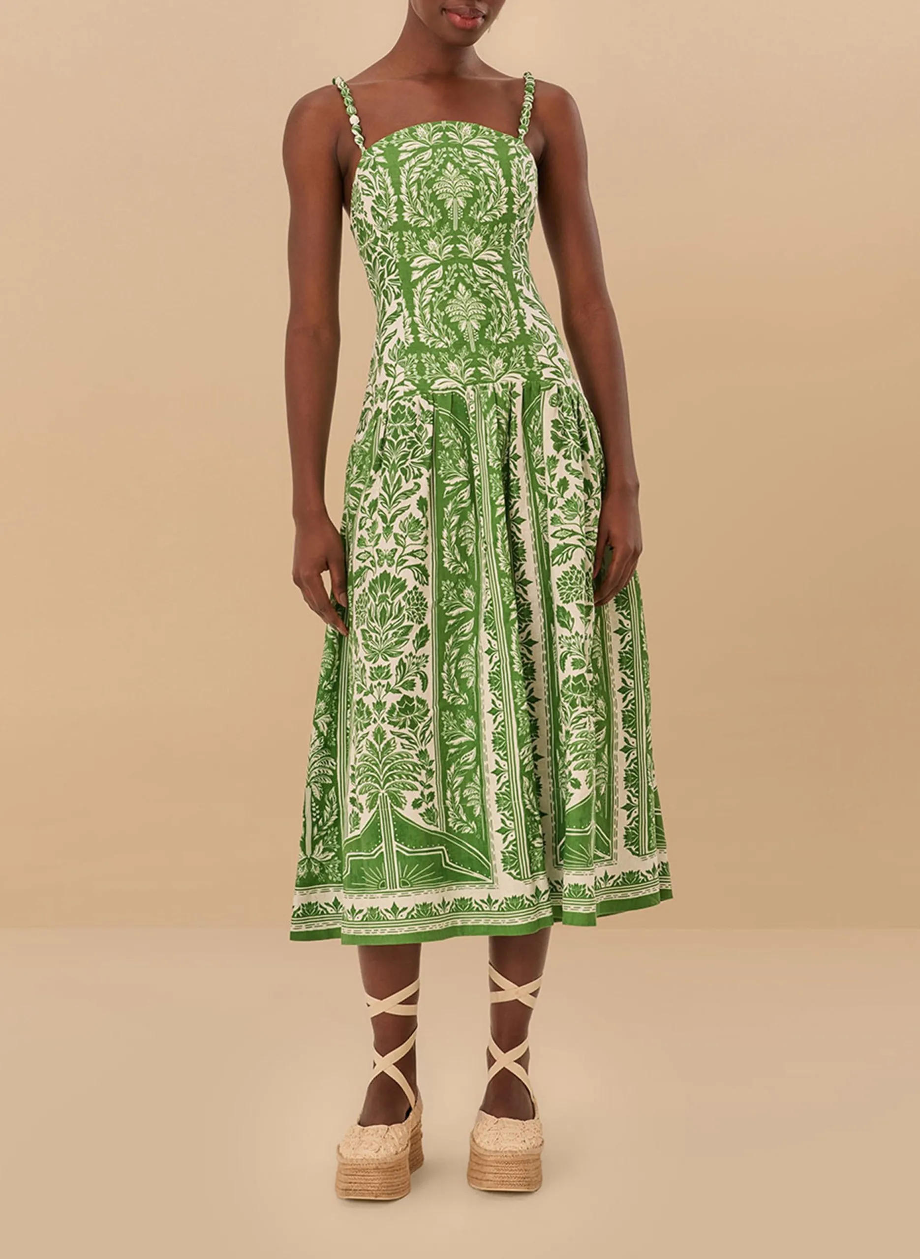 Robe midi imprimée en lin Vert