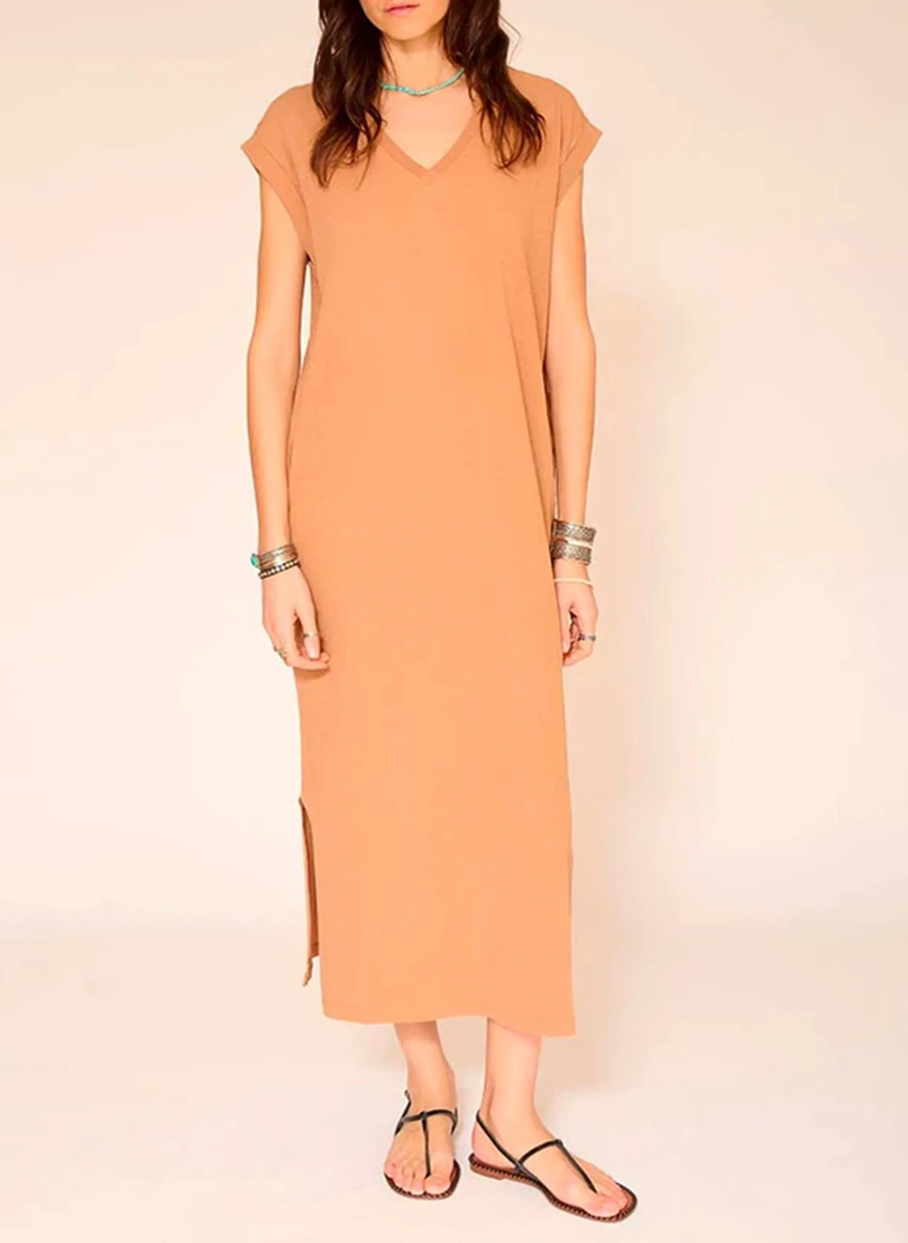 Robe longue droite à fentes Marron ROKSA