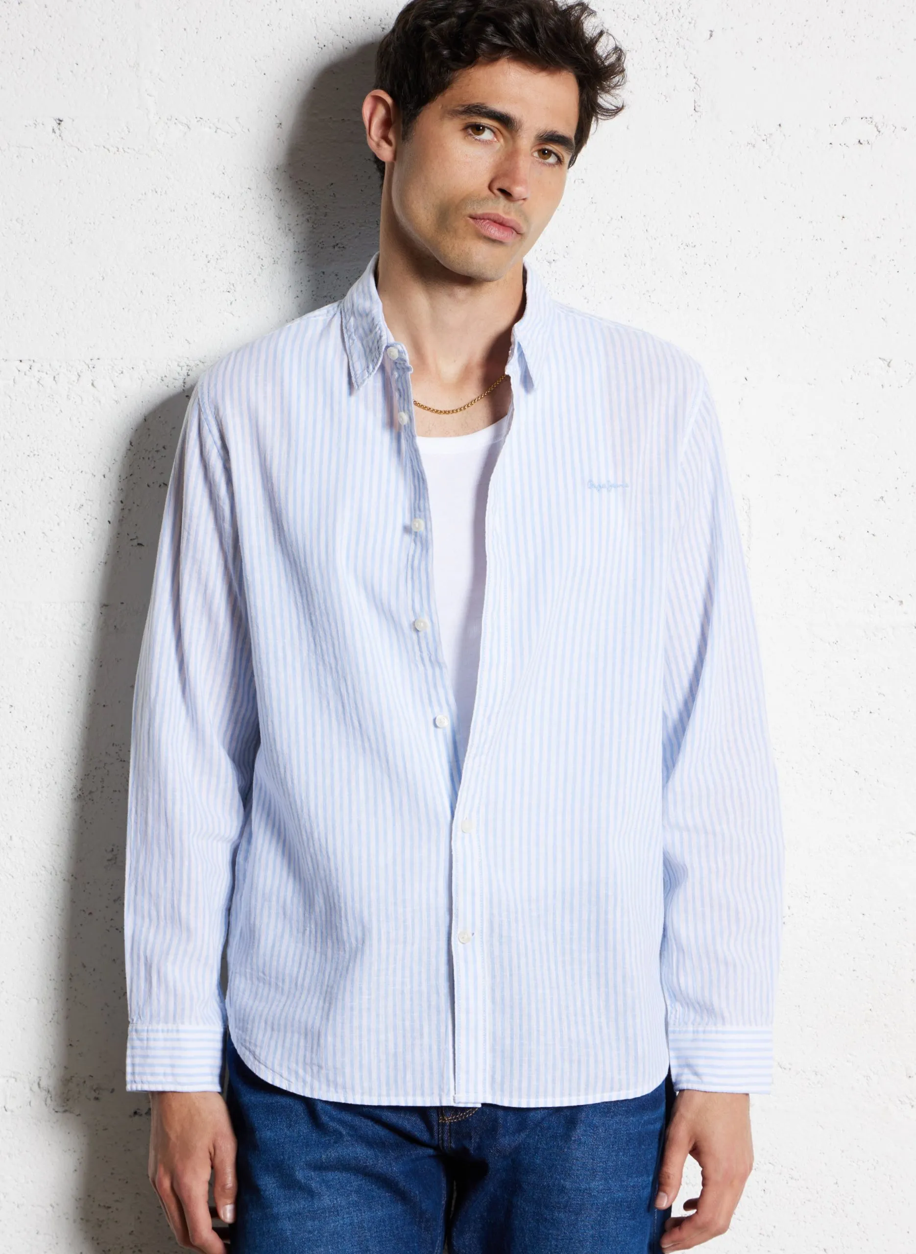 Chemise droite en lin mélangé rayé Bleu