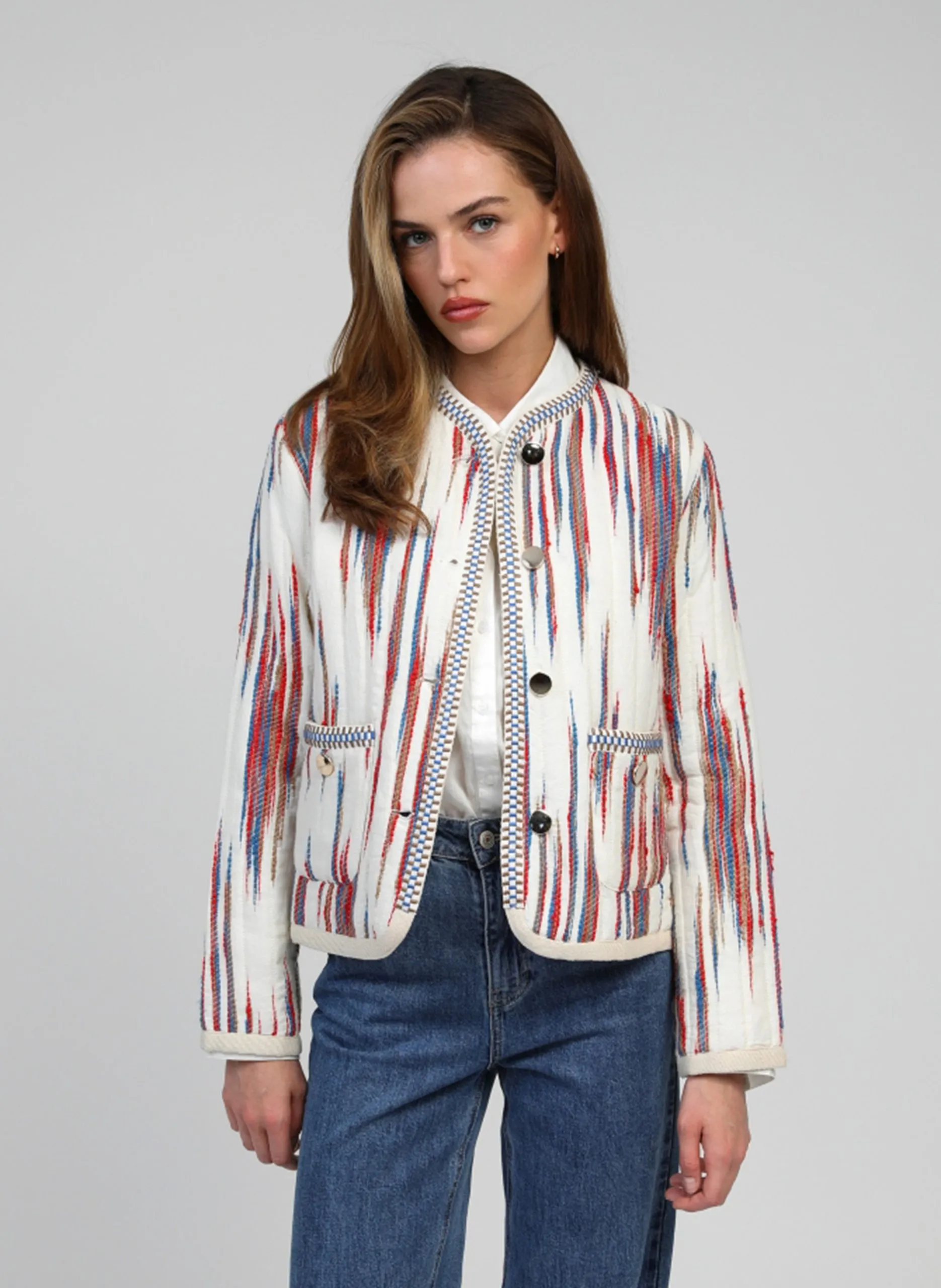 Veste col rond imprimée en coton Beige SHAMANI