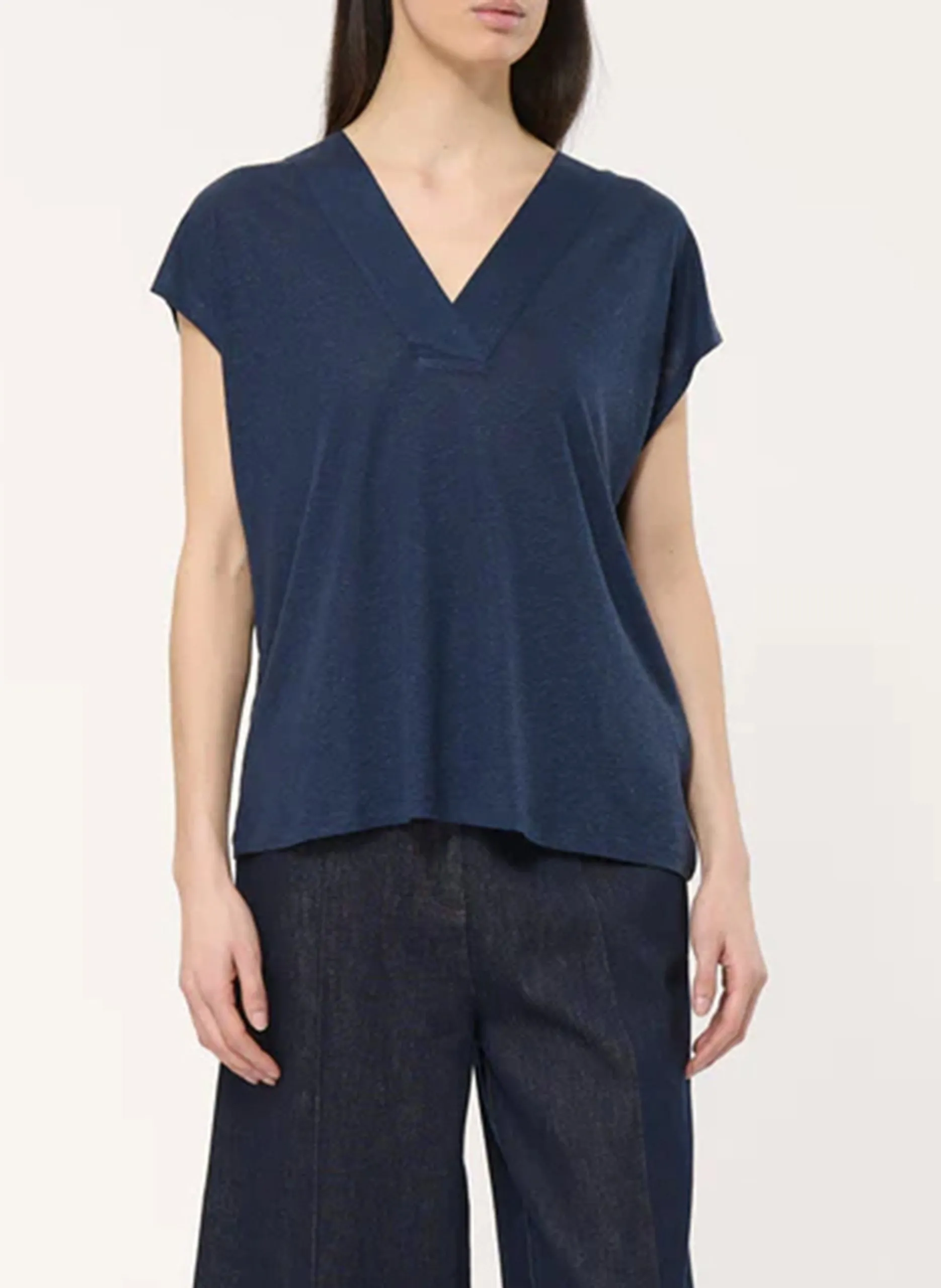 Tee-shirt droit col v Bleu