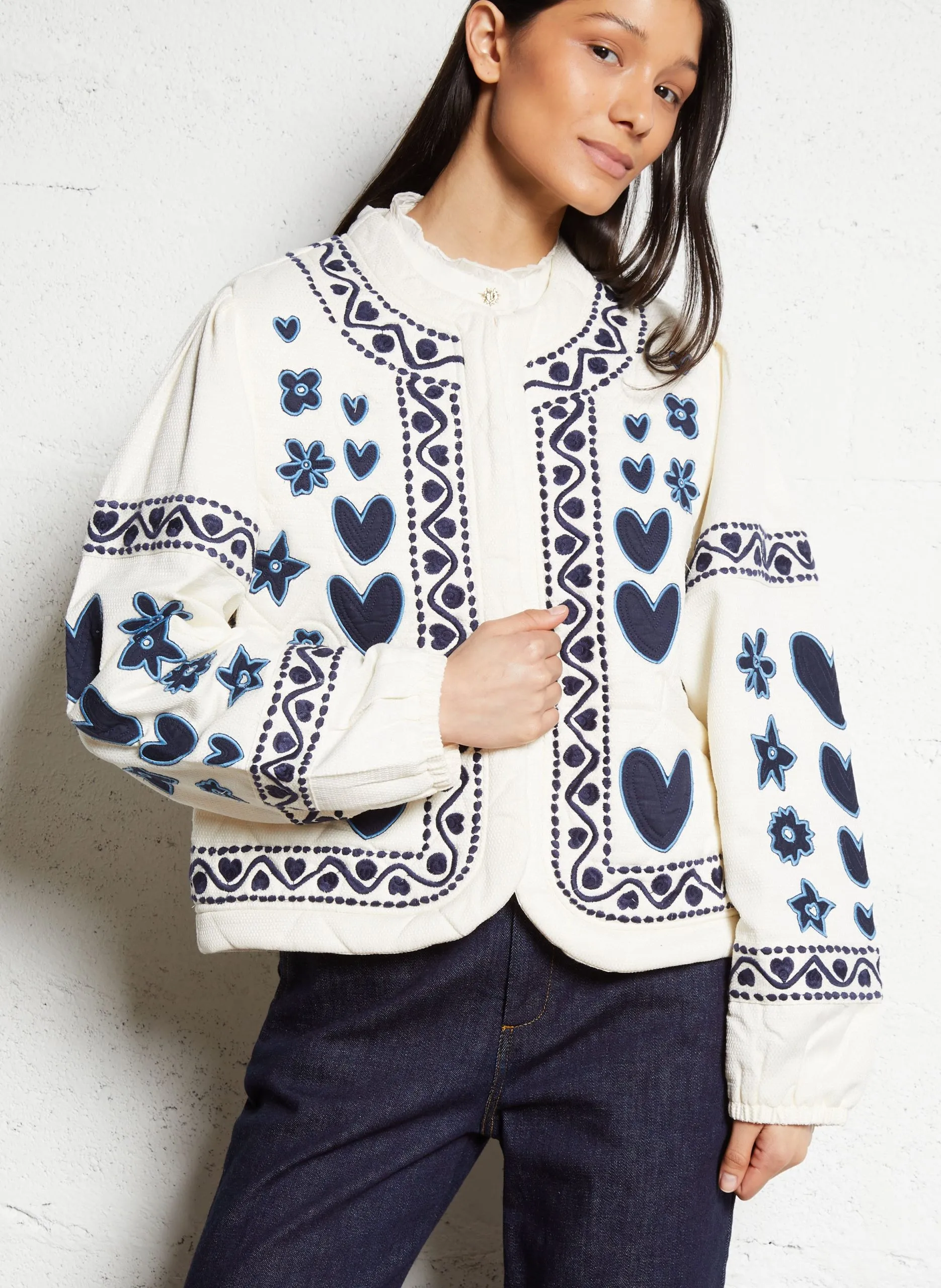 Veste droite col rond en coton mélangé Blanc SIMON