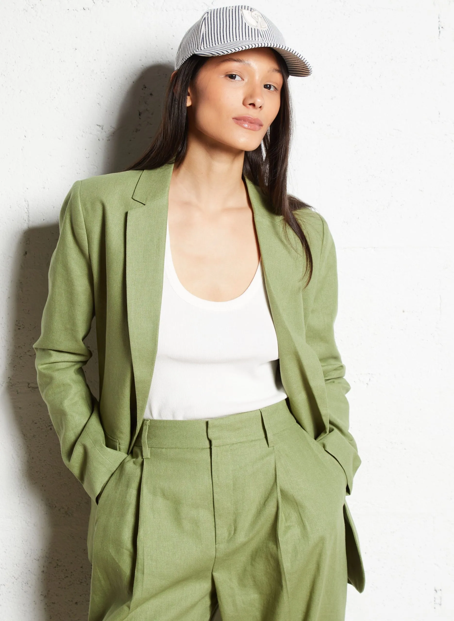 Veste de tailleur droite en lin mélangé Vert