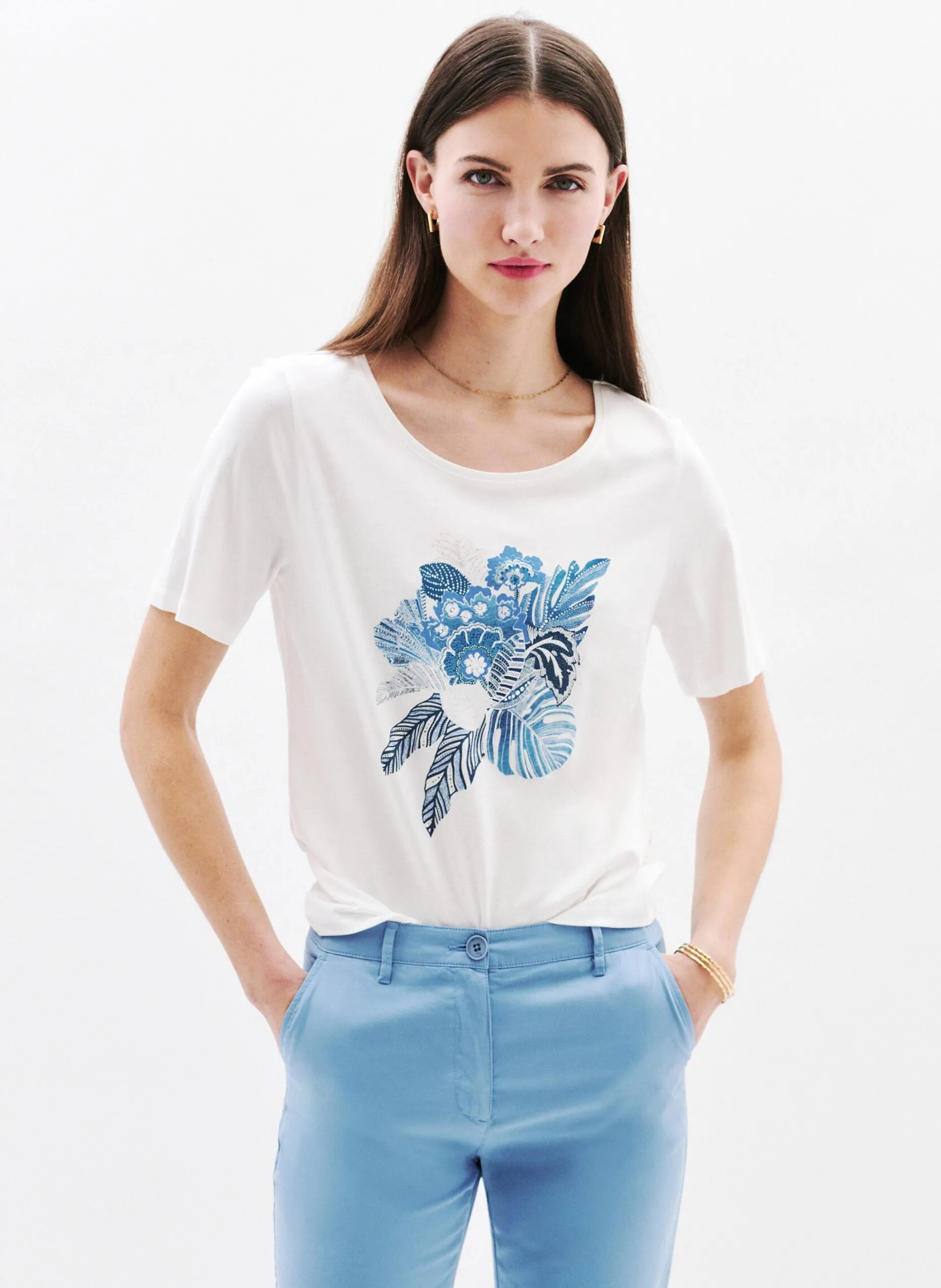 Tee-shirt col rond imprimé en coton mélangé Bleu 251T-TEDOUARD