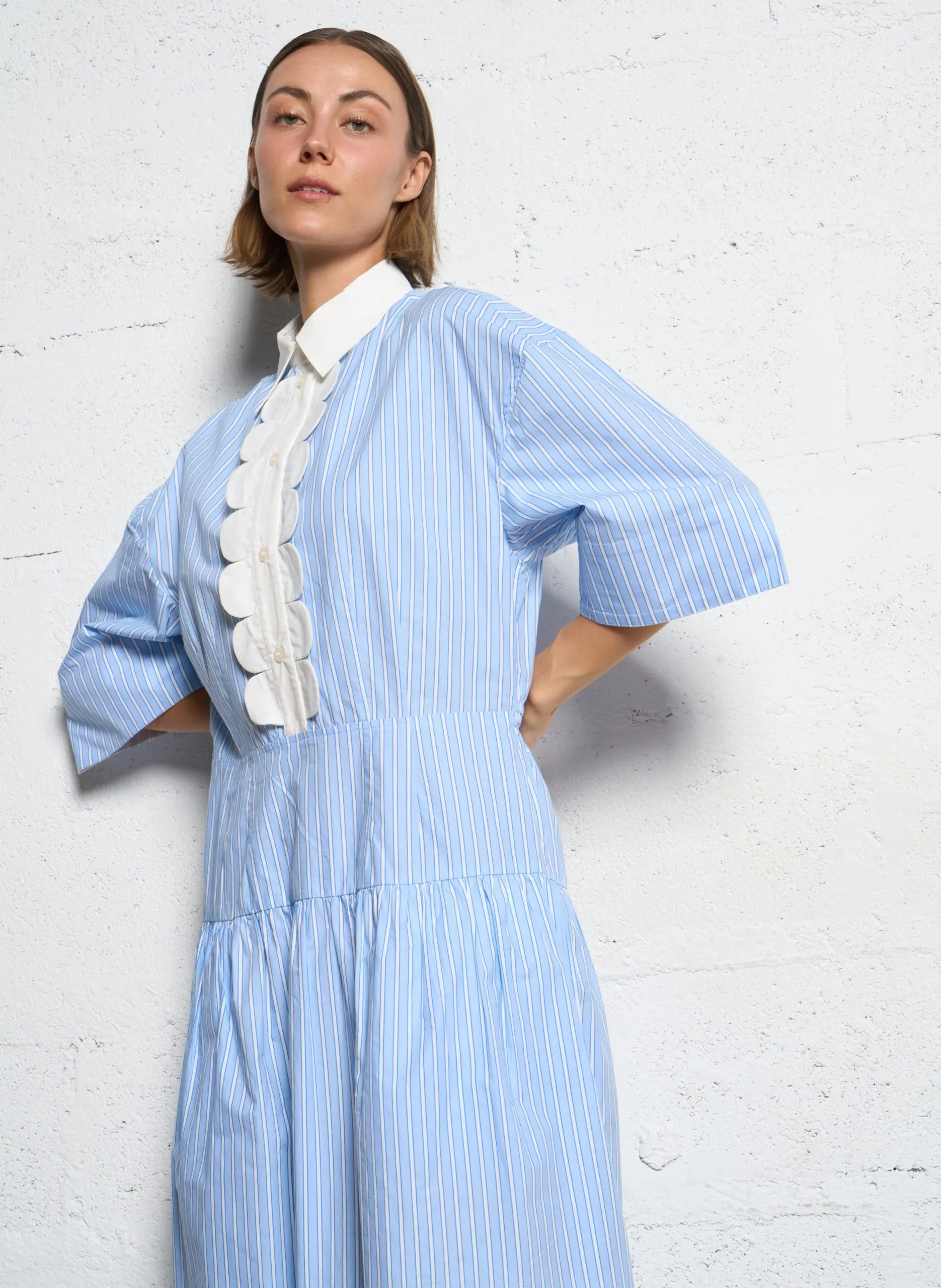 Robe longue col classique en coton bio Bleu