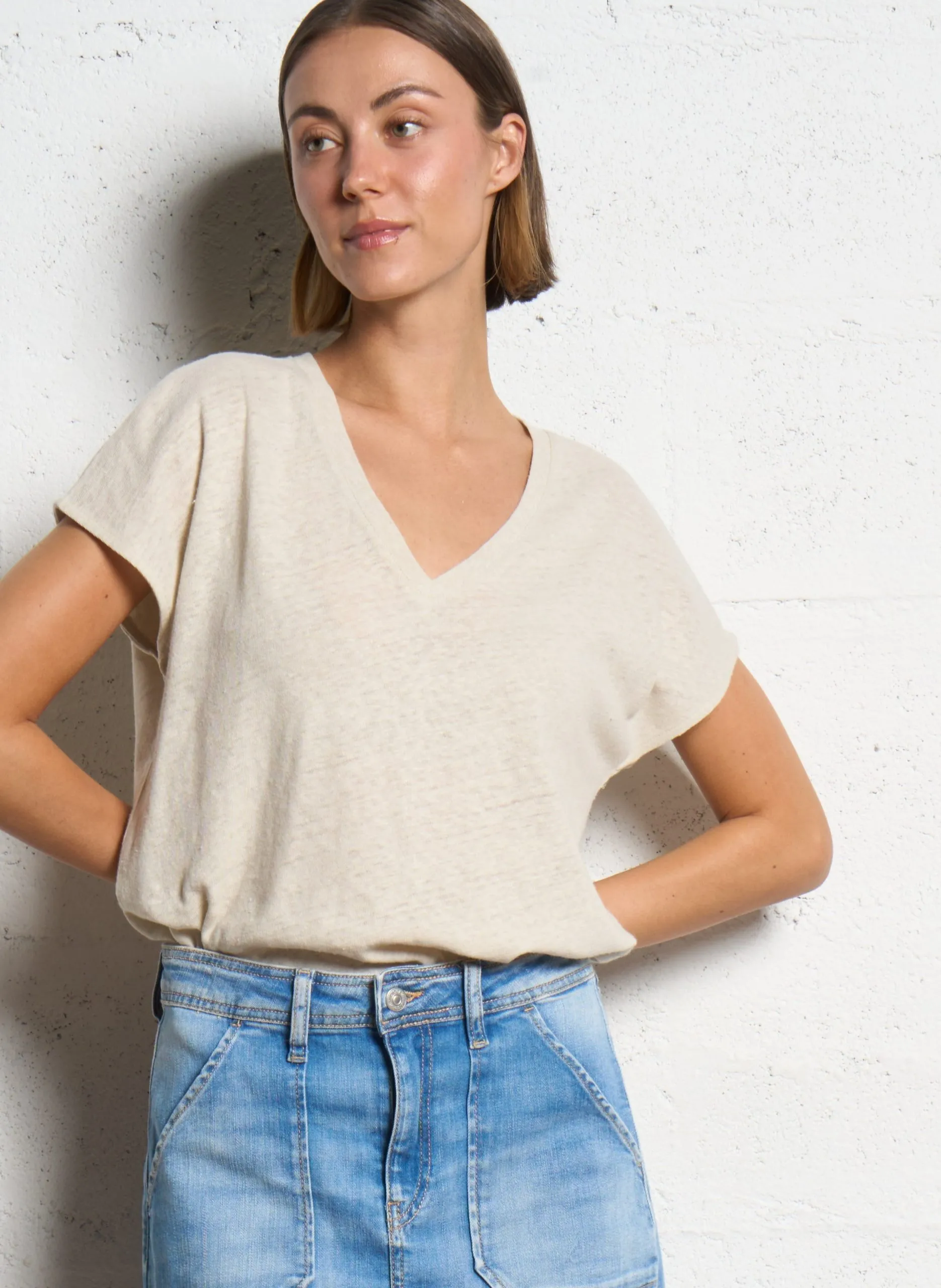 Tee-shirt col V en lin mélangé Rose MELINDA