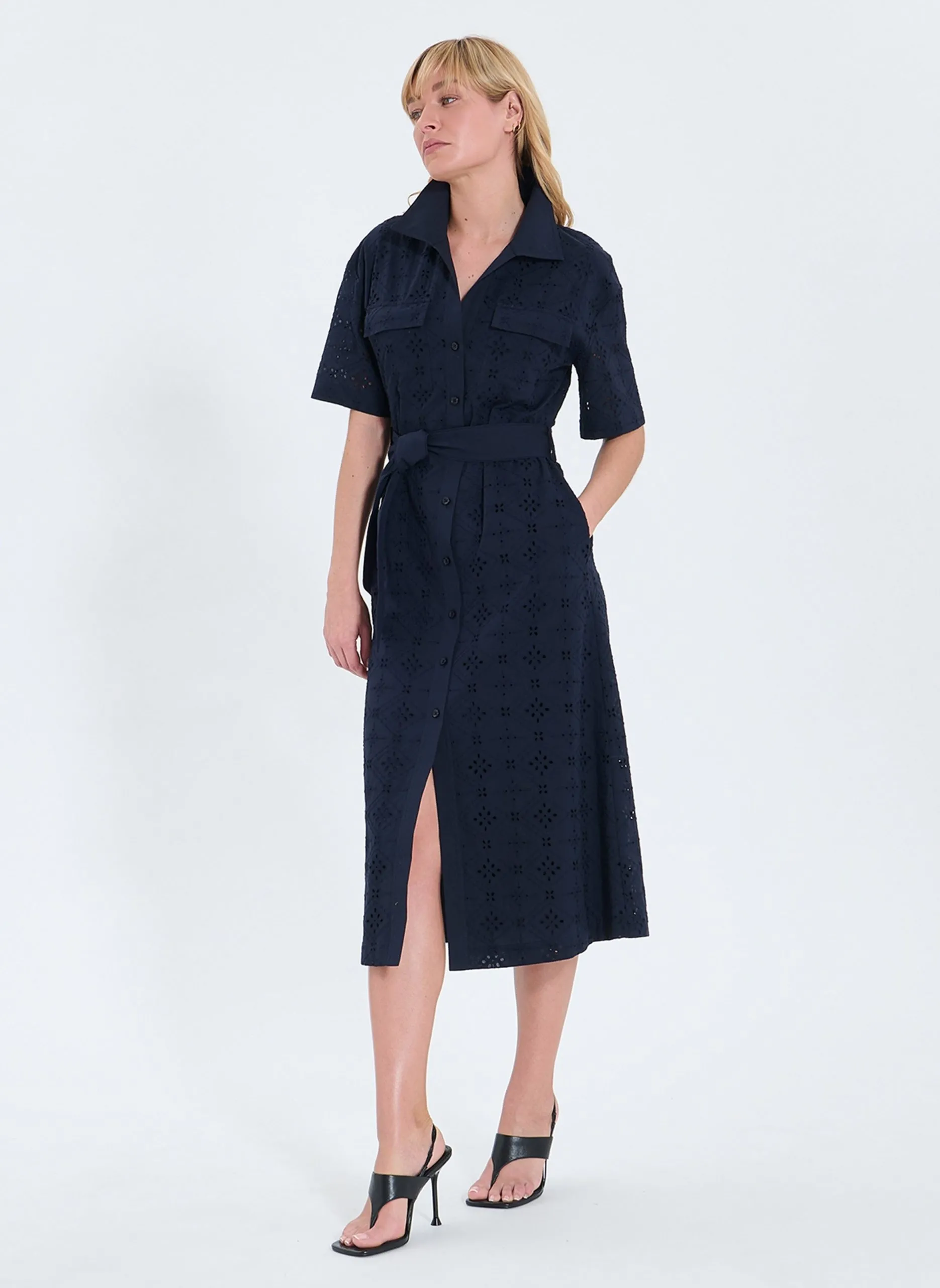 Robe midi col v en coton Bleu ROMA