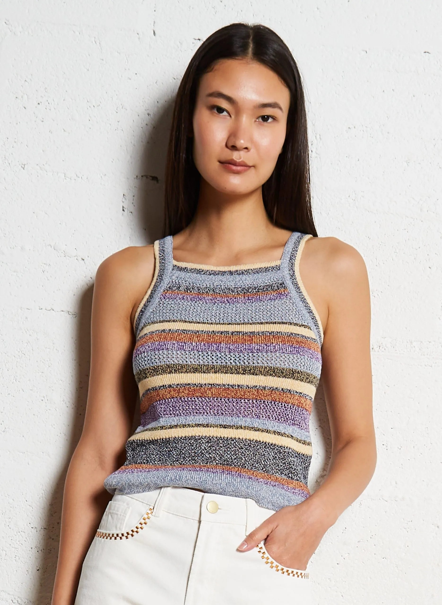 Débardeur col carré rayé en cootn Multicolore TANNIA