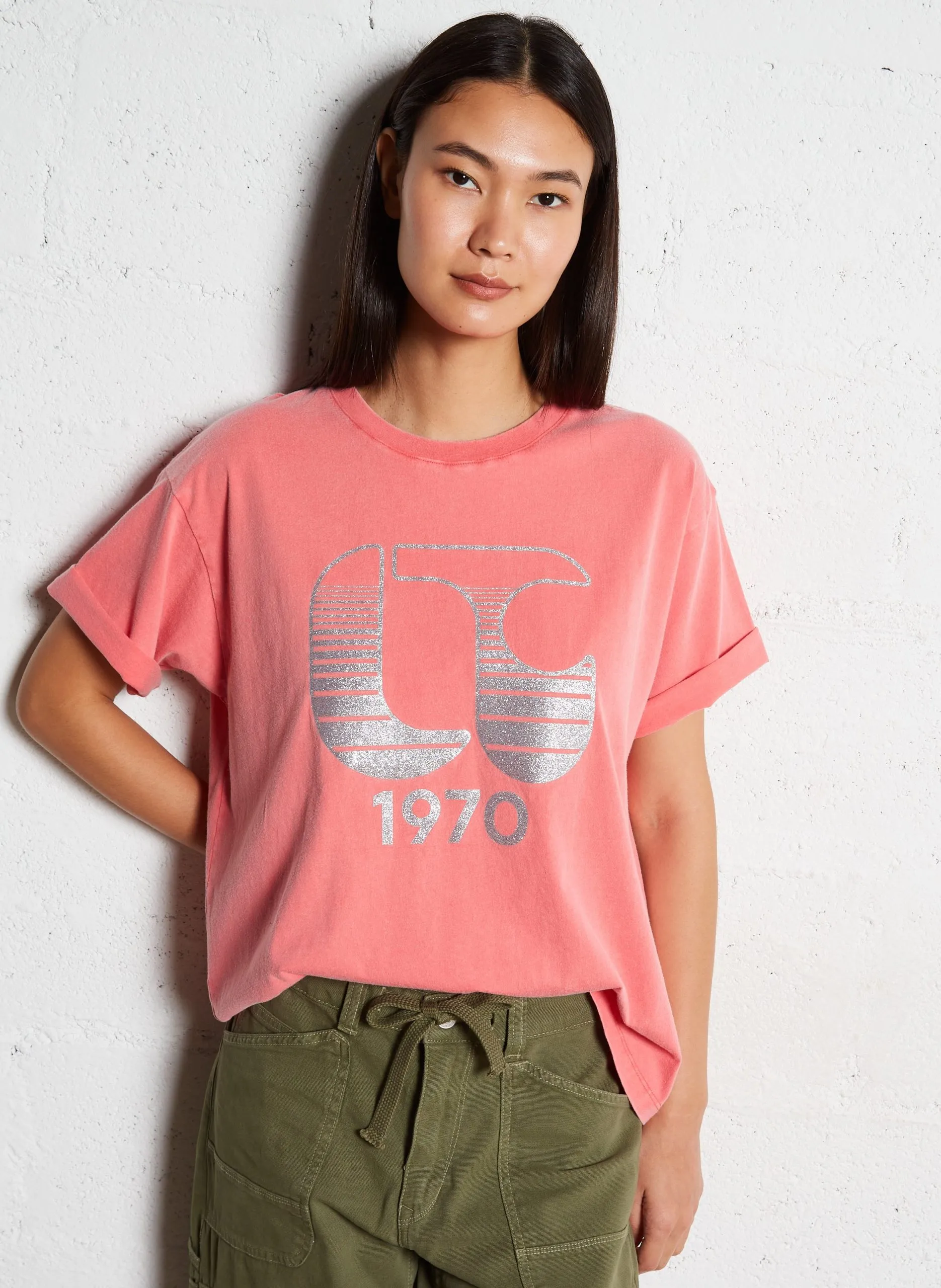 Tee-shirt droit à paillettes en coton Bleu LYNETTE