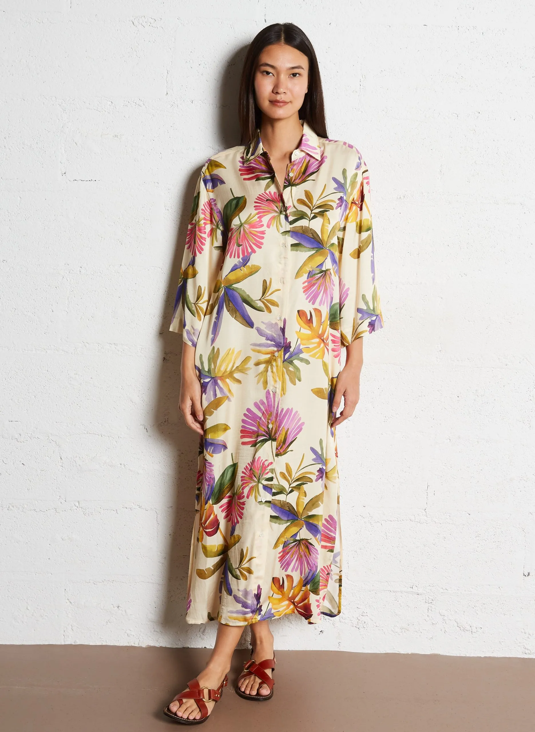 Robe longue chemise imprimée Beige RUNE