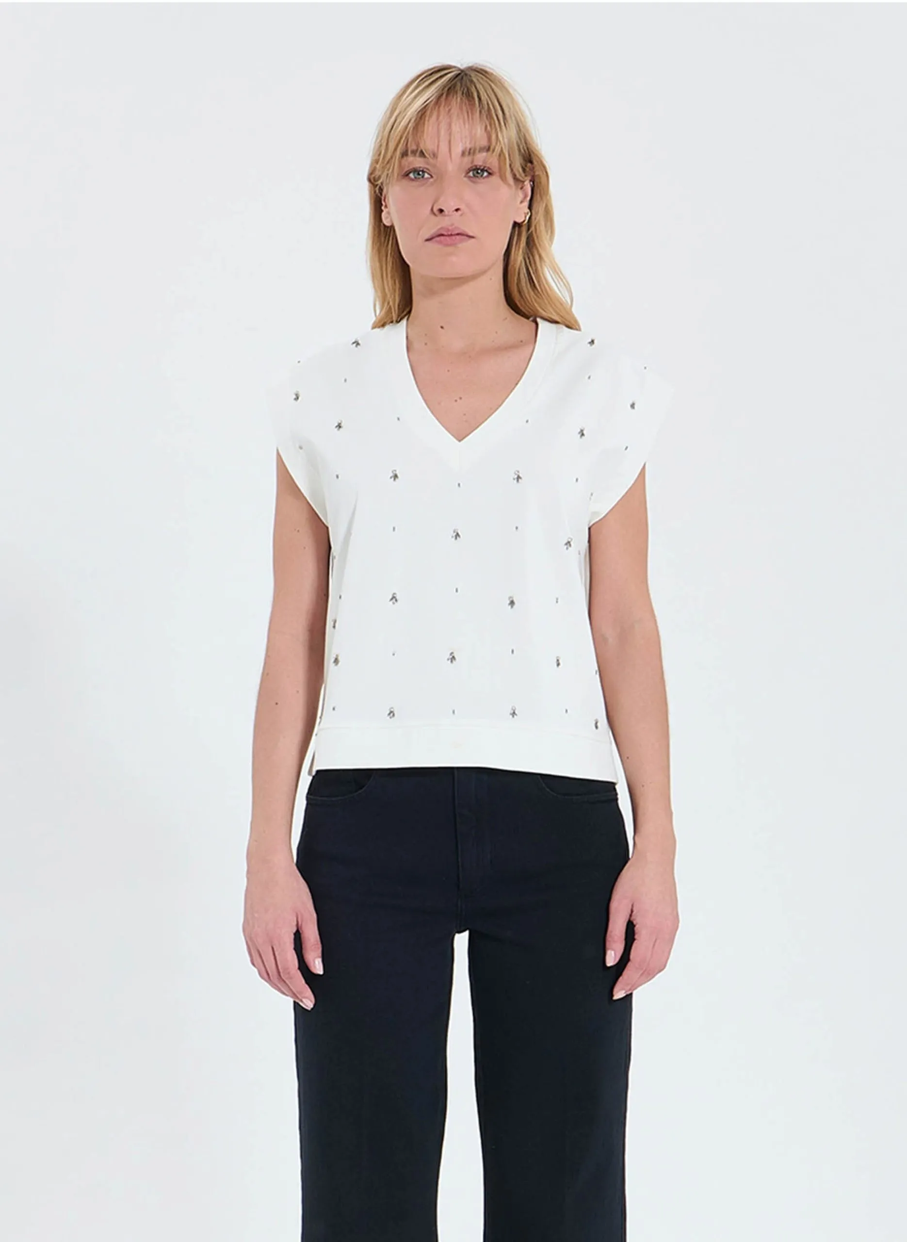 Top sans manches à broderies perles Blanc TRISHA