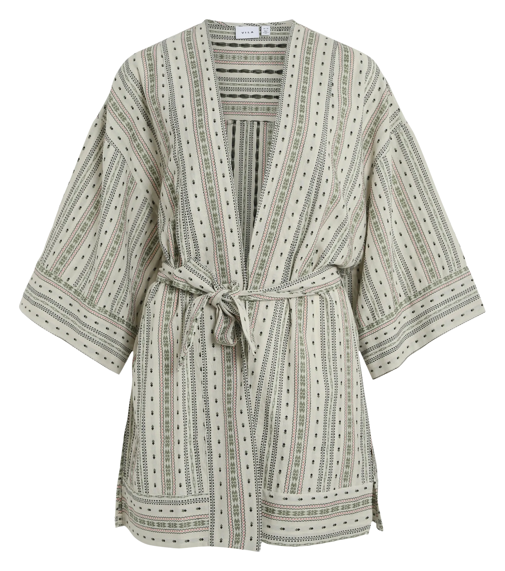 Kimono col v à rayures en coton Beige