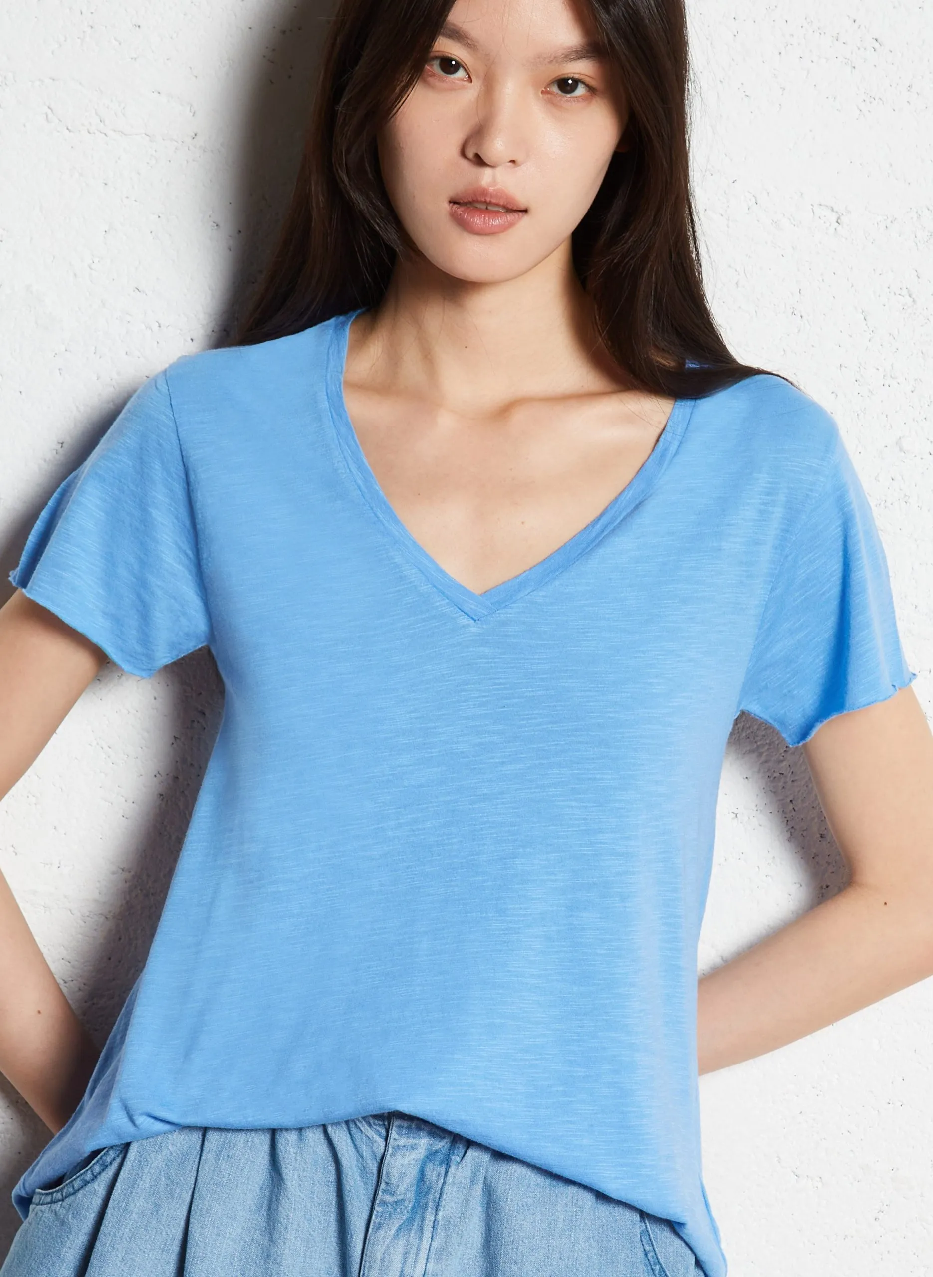 Tee-shirt droit col V en coton mélangé Bleu JACKSONVILLE