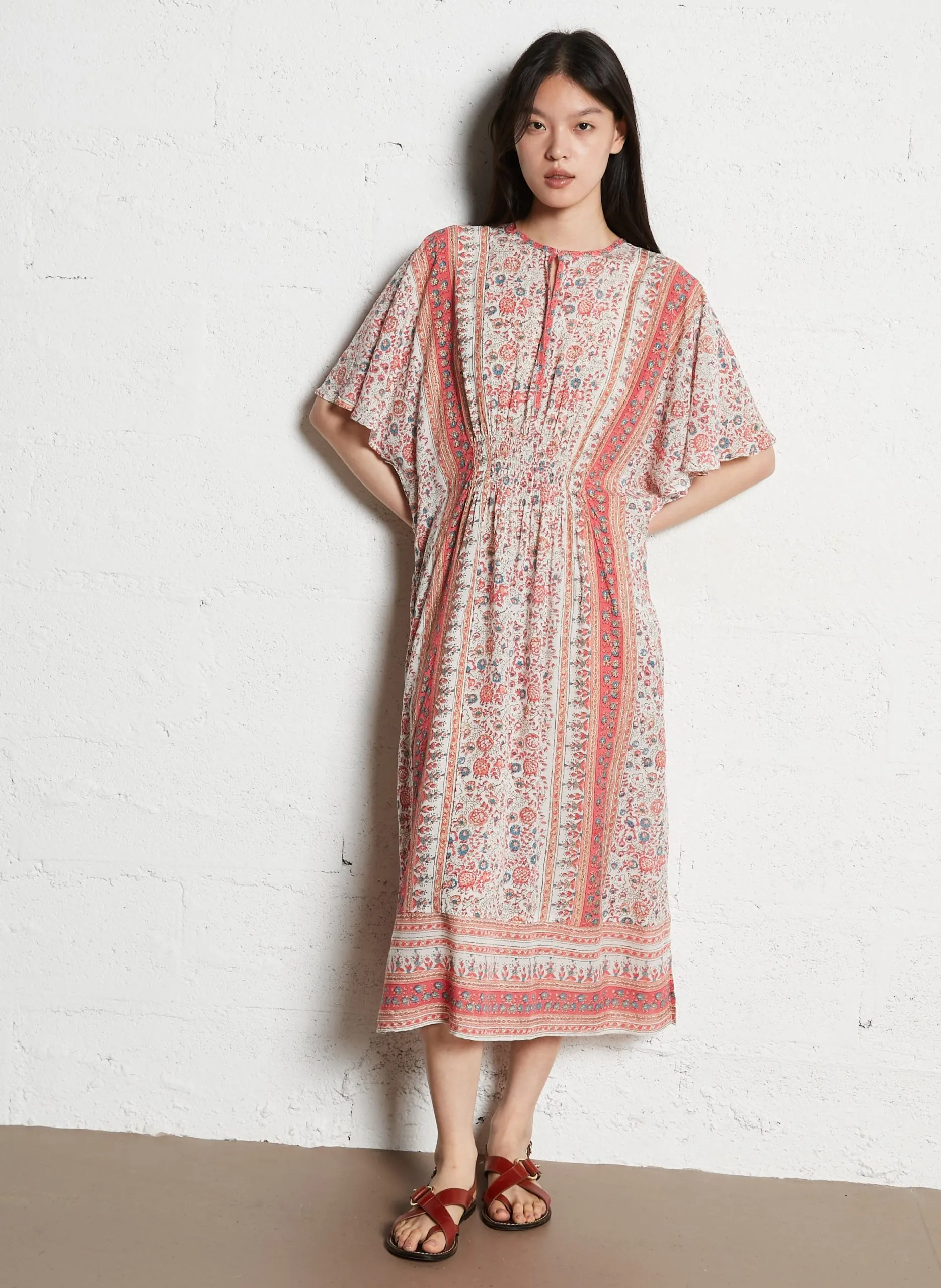 Robe midi col V en coton Rose CASS