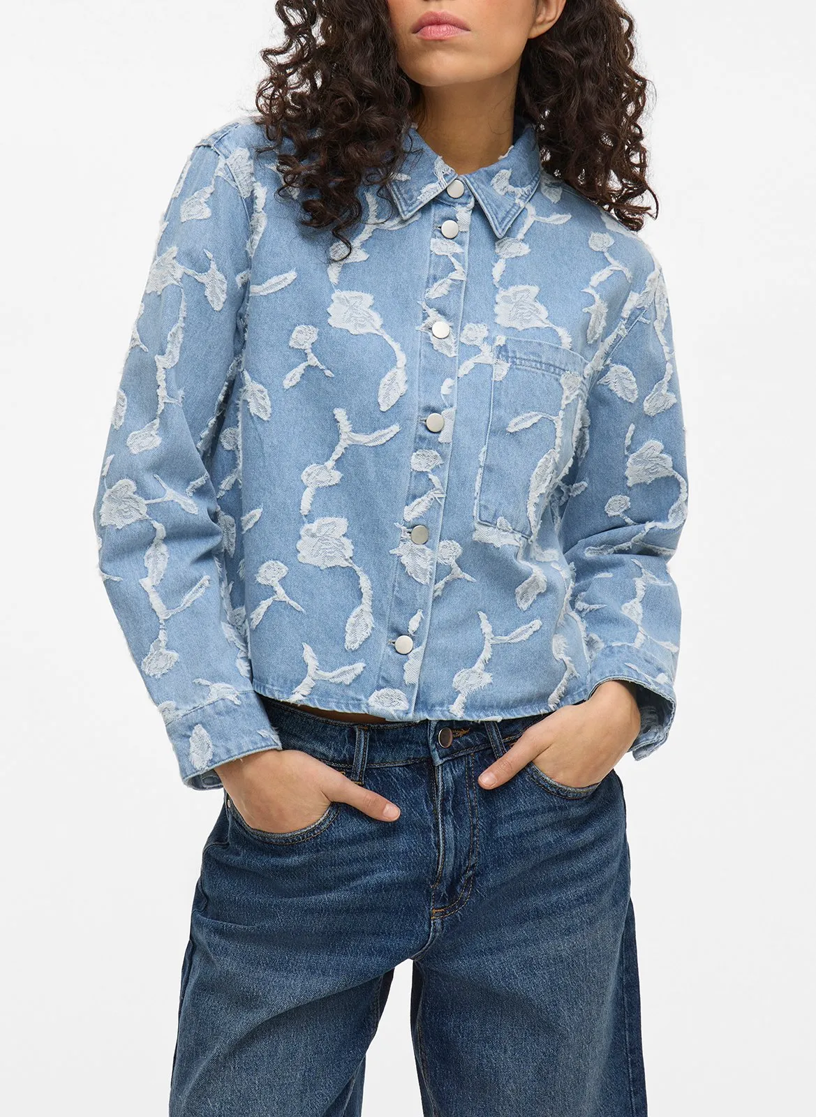 Veste droite en coton mélangé brodé Bleu