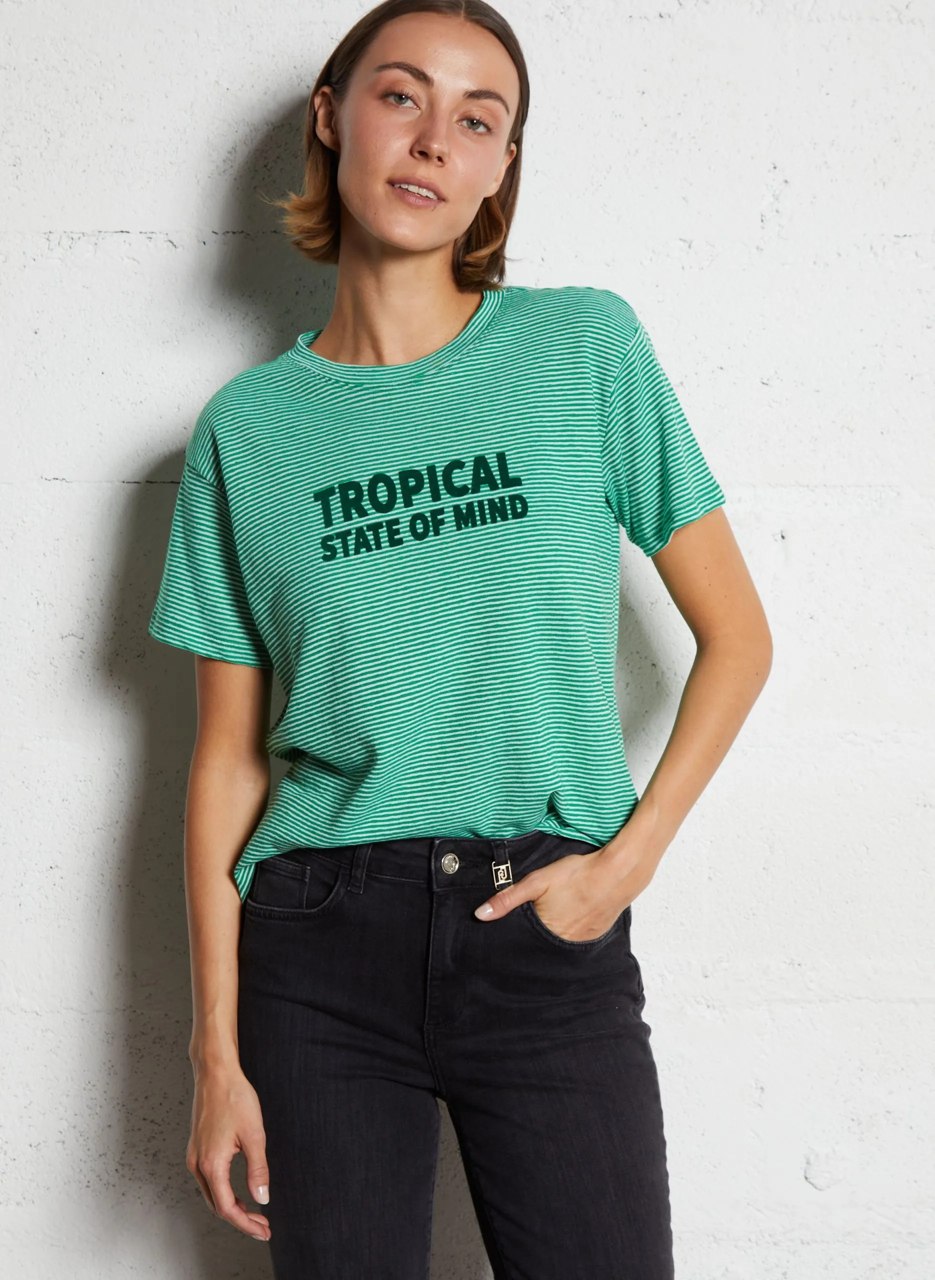 Tee-shirt col rond en cotok mélangé Vert