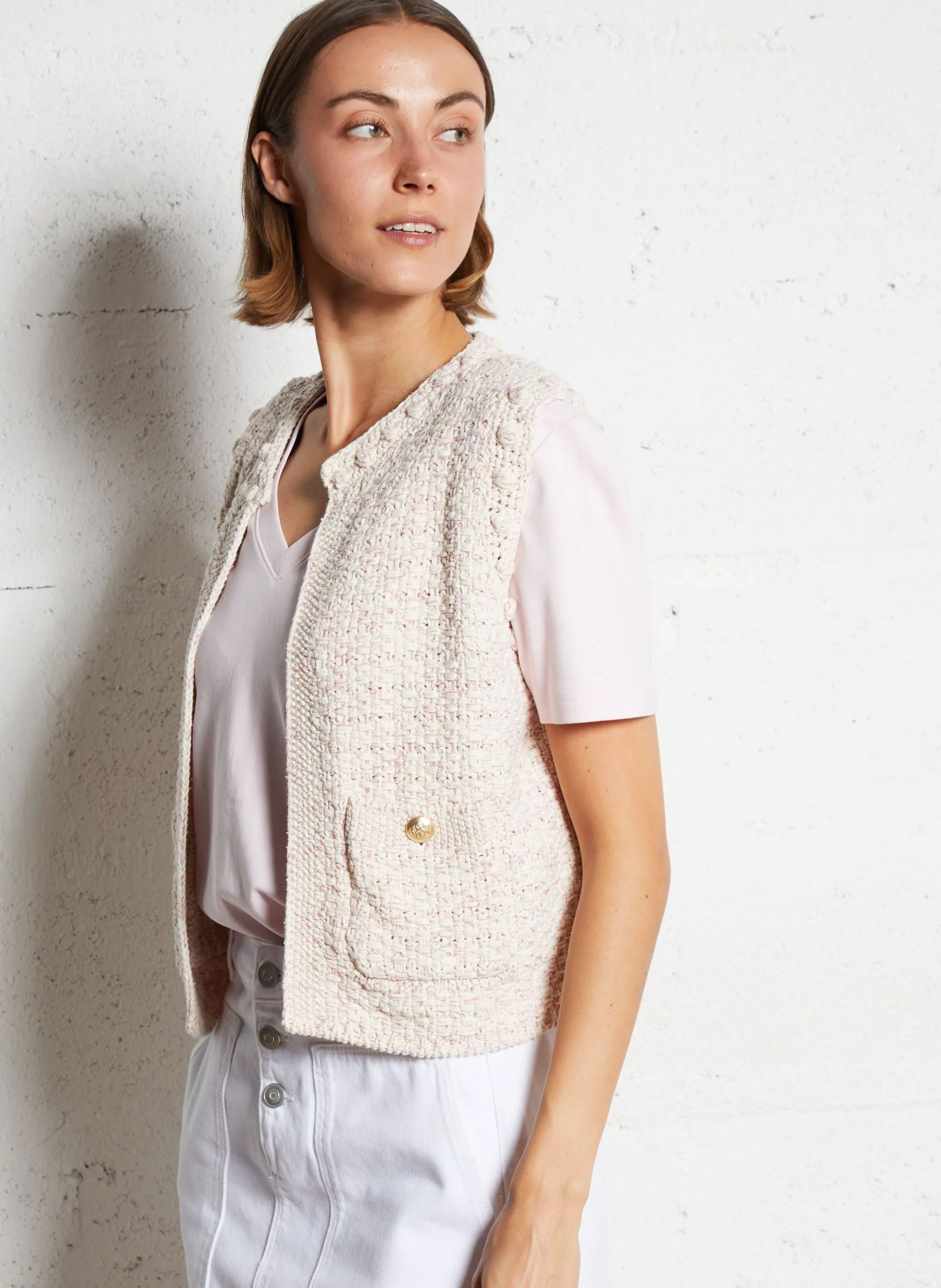 Gilet col rond en coton mélangé Rose STEFFIE BIS