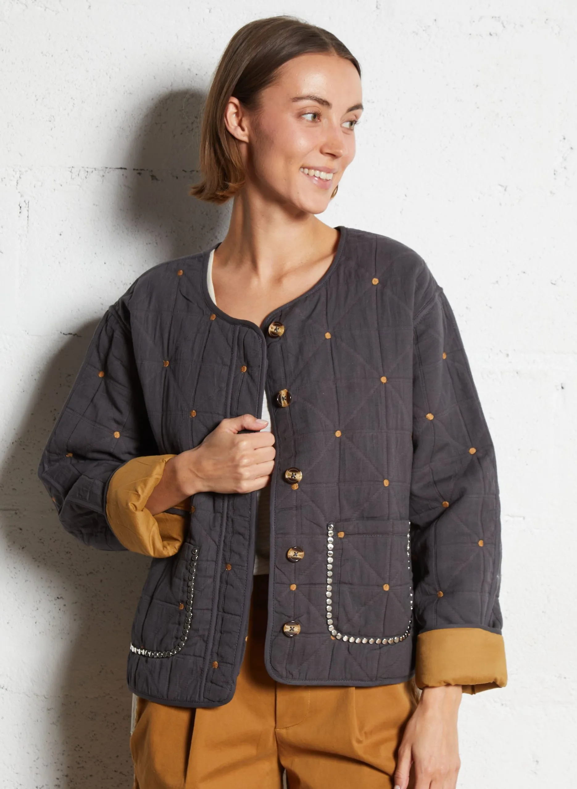 Blouson droit en coton brodé Gris VAHALA