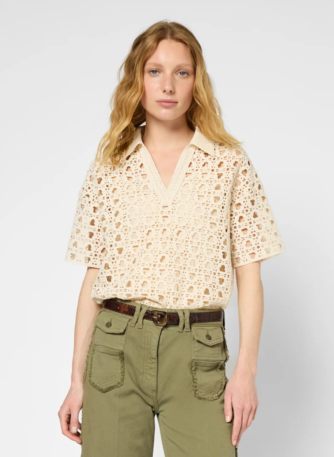 Top col polo en crochet Beige URSEL