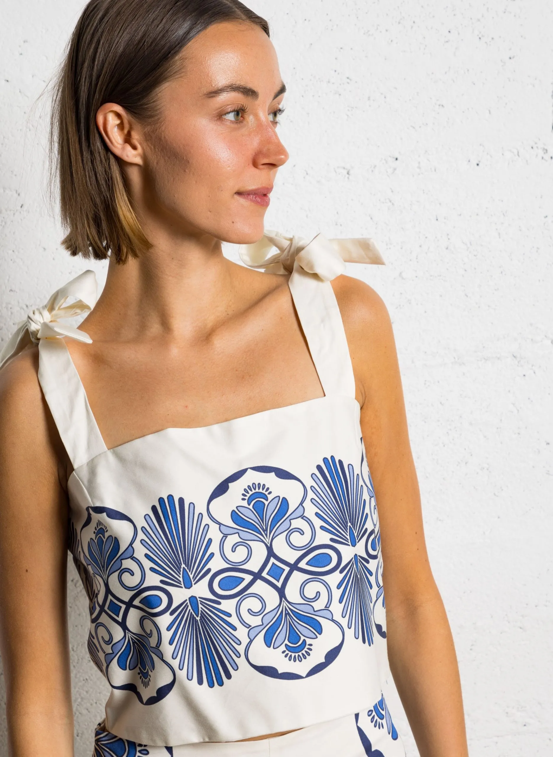 Top court imprimé en coton Beige POSITANO