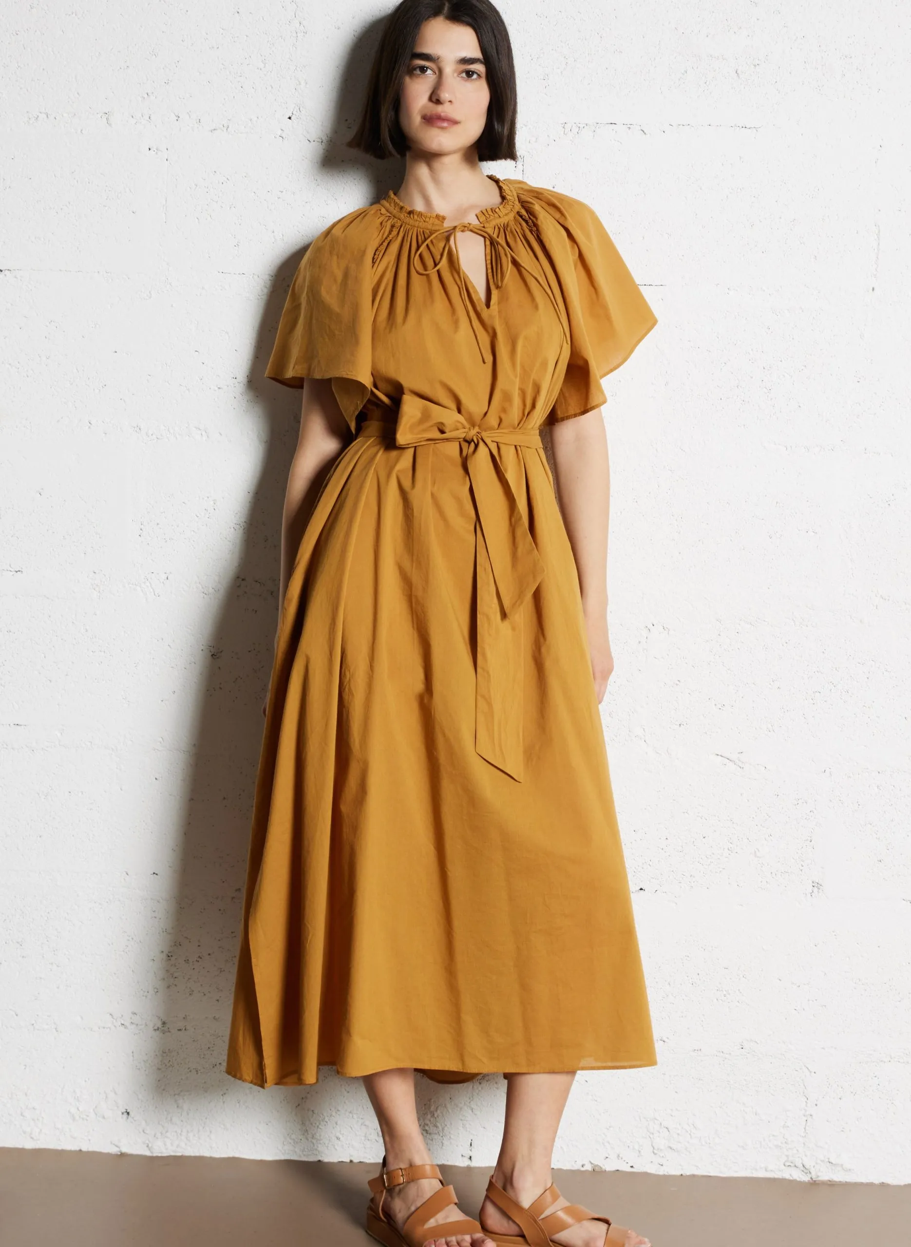 Robe longue col v en coton Marron ACROPOLE