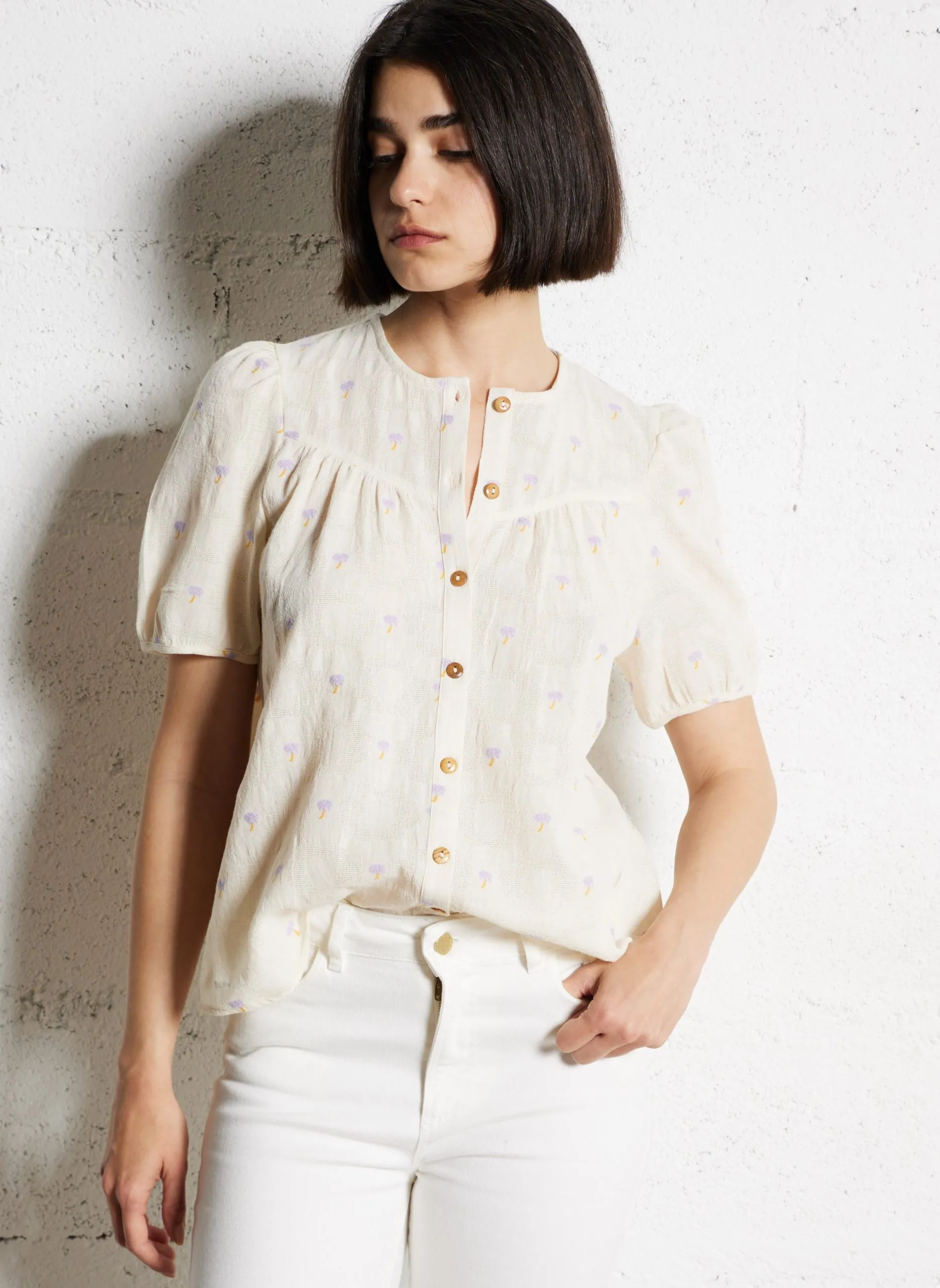 Top col rond en coton mélangé Blanc