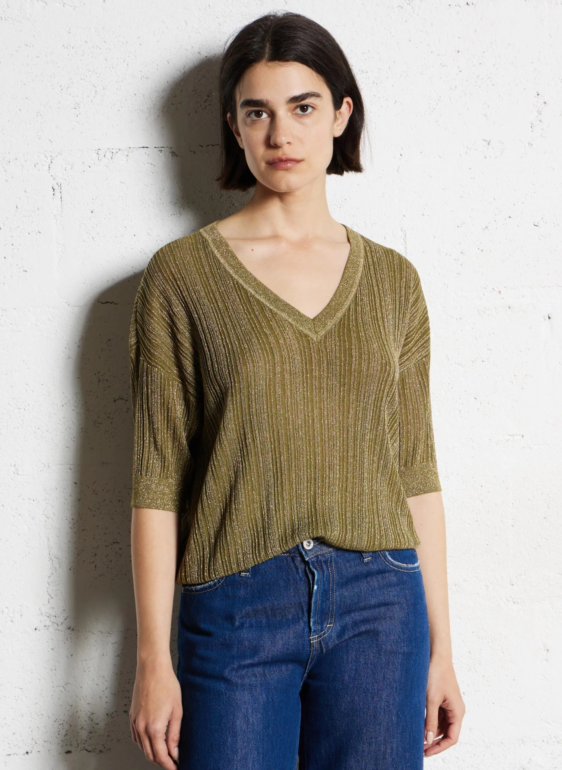 Pull col v métallisé Vert