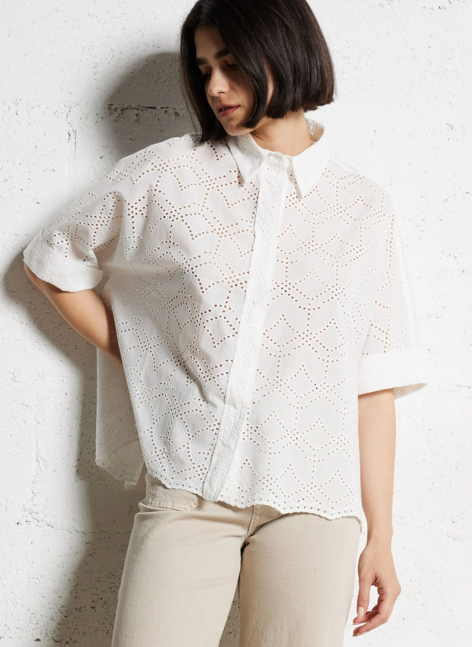 Chemisier uni à dentelle ajourée Blanc