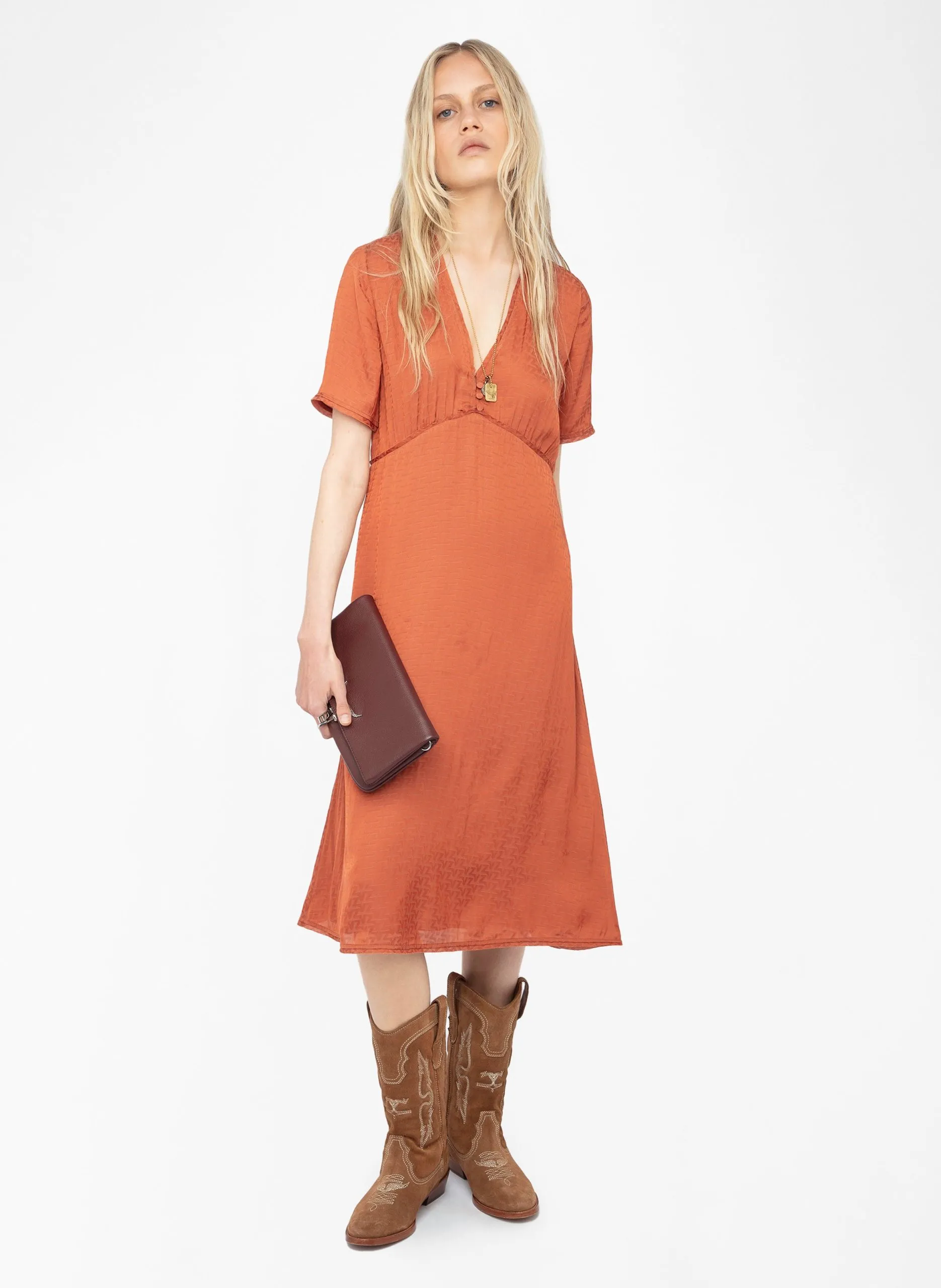 Robe midi col v satinée Marron RHODRAL