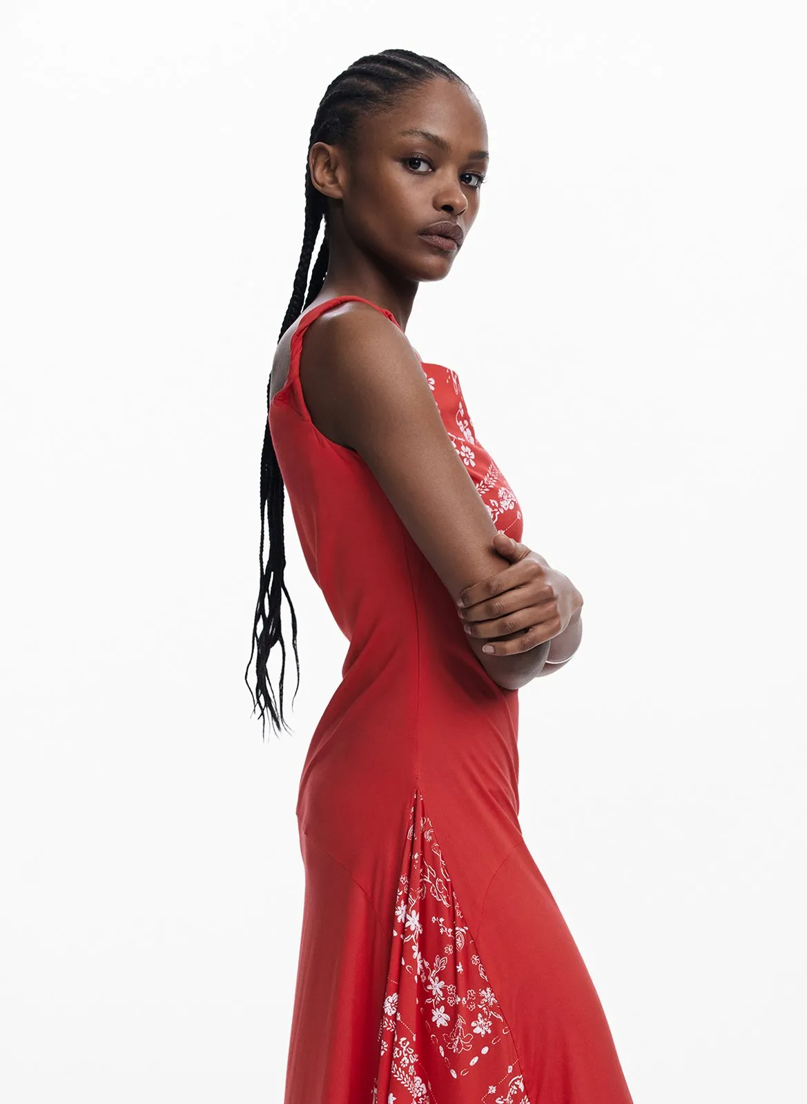 Robe midi col asymétrique imprimée Rouge