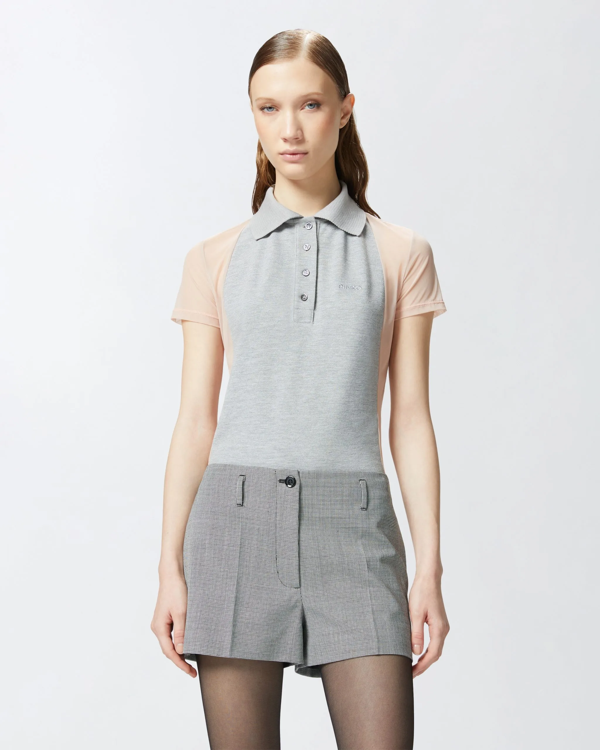 Polo en tulle et coton avec mini logo brodé Gris