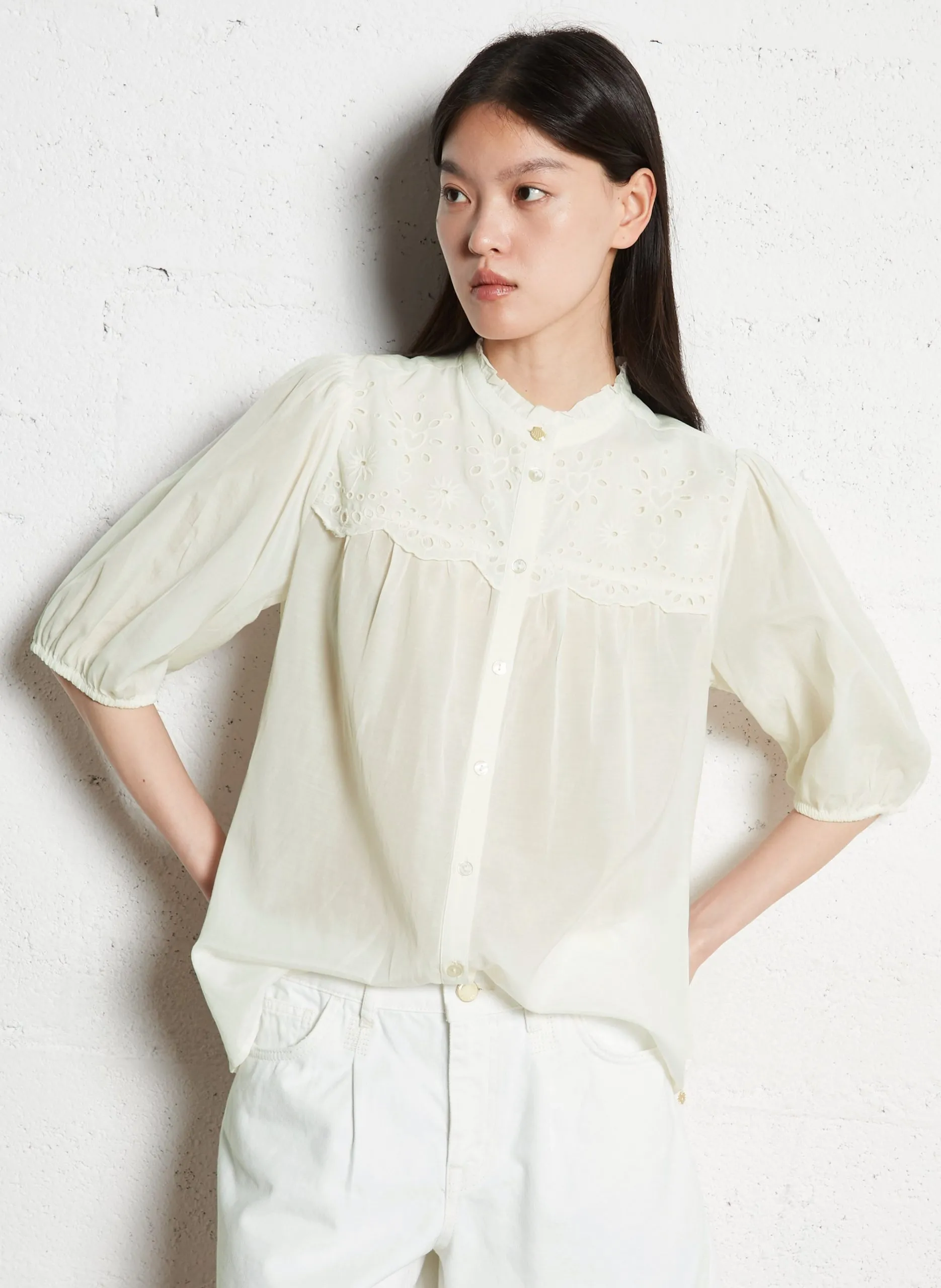 Chemisier droit brodé Blanc THIRSA