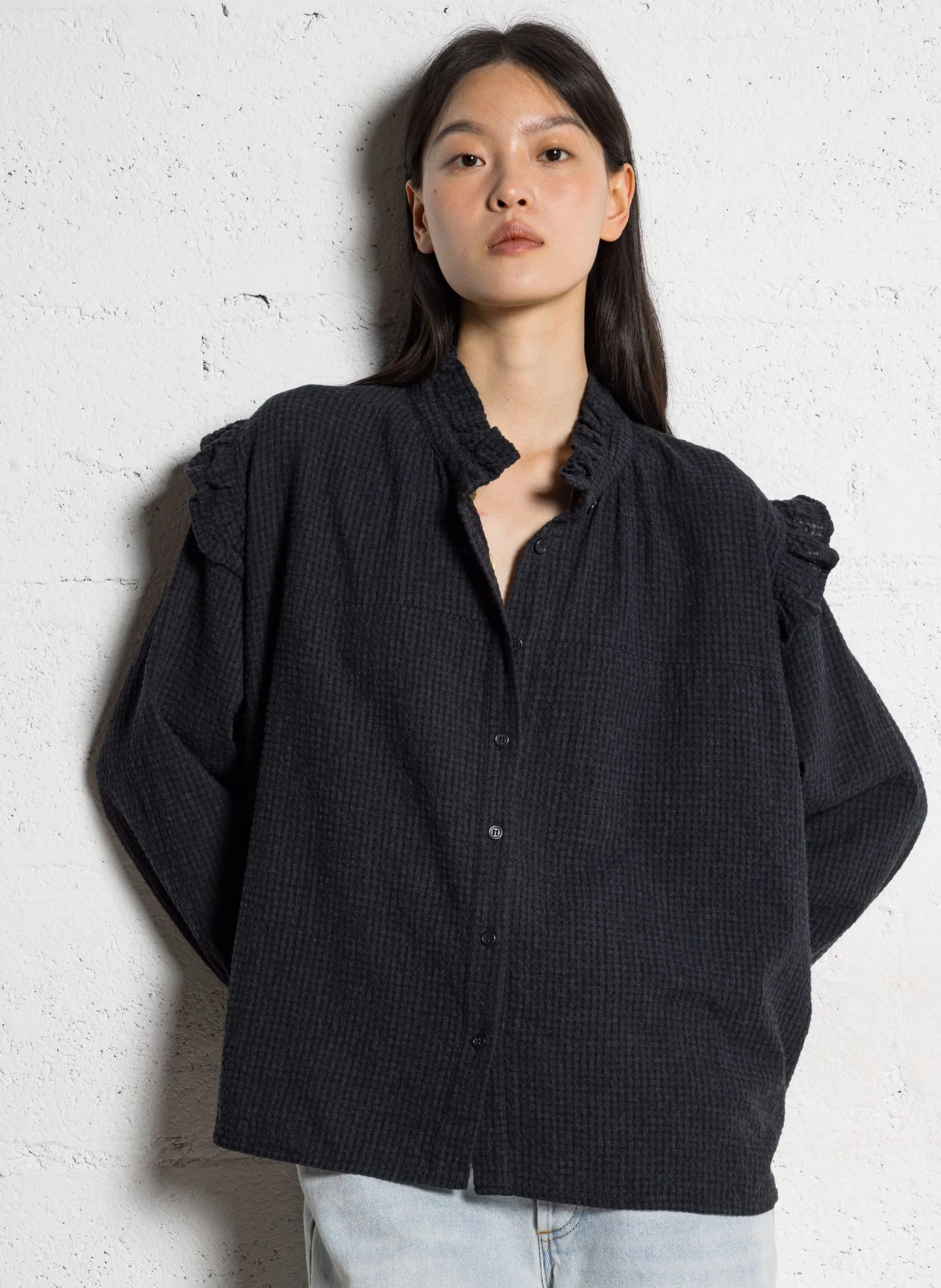 Blouse col victorien en coton mélangé Noir VICHY CAPUCINE