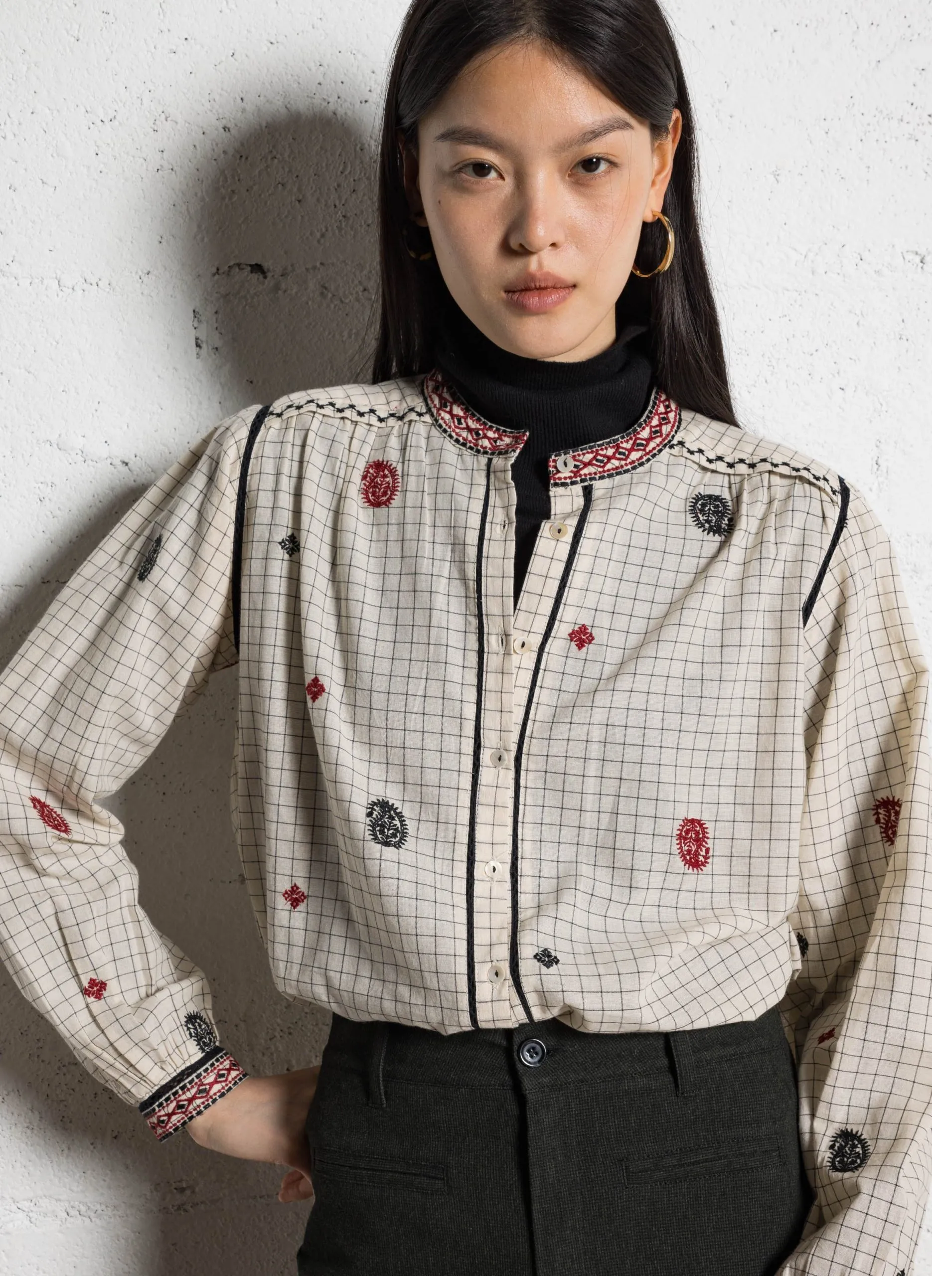 Blouse col rond brodée à carreaux Beige COLETTE