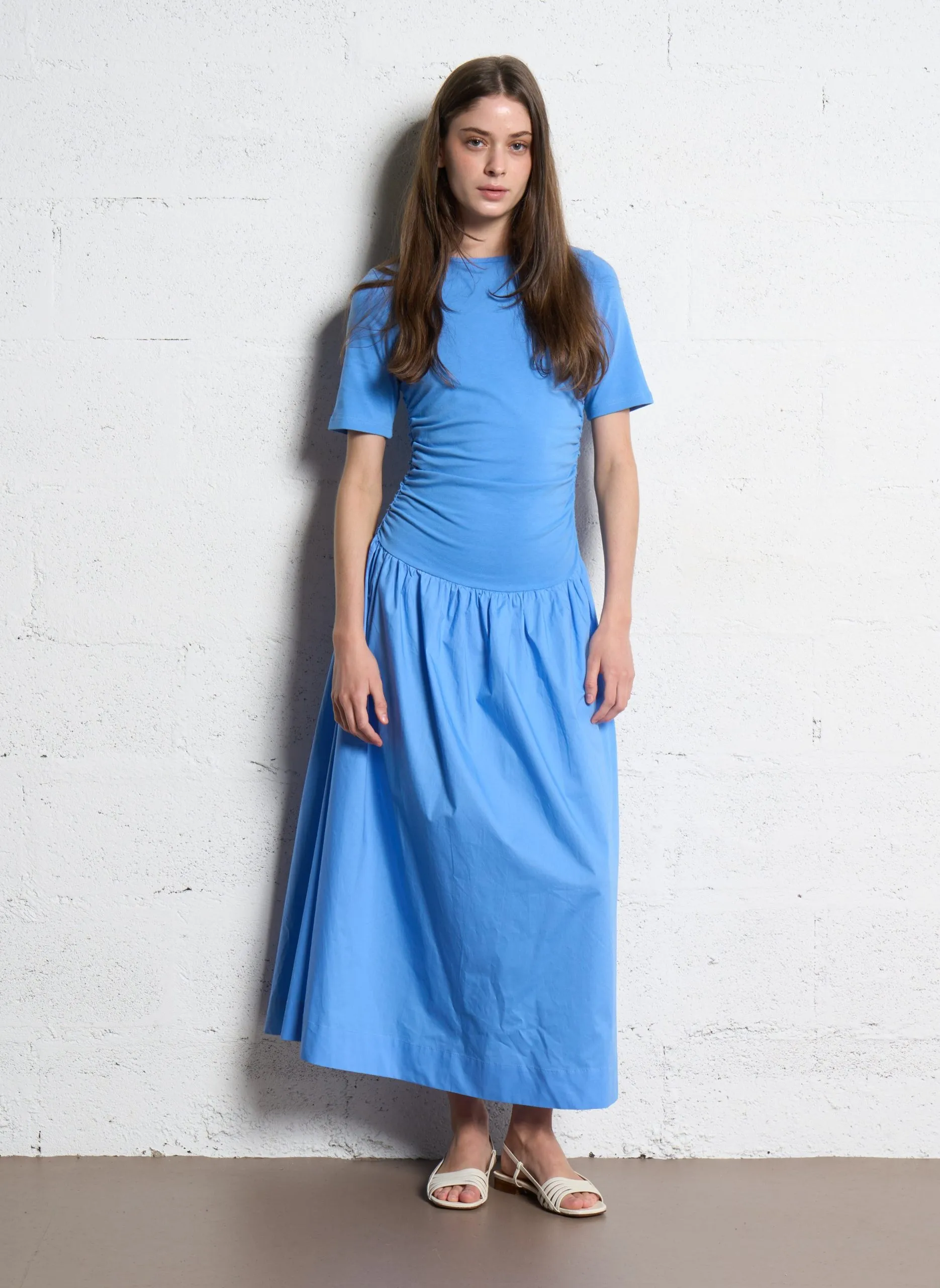 Robe longue col rond en coton mélangé Bleu GRACE