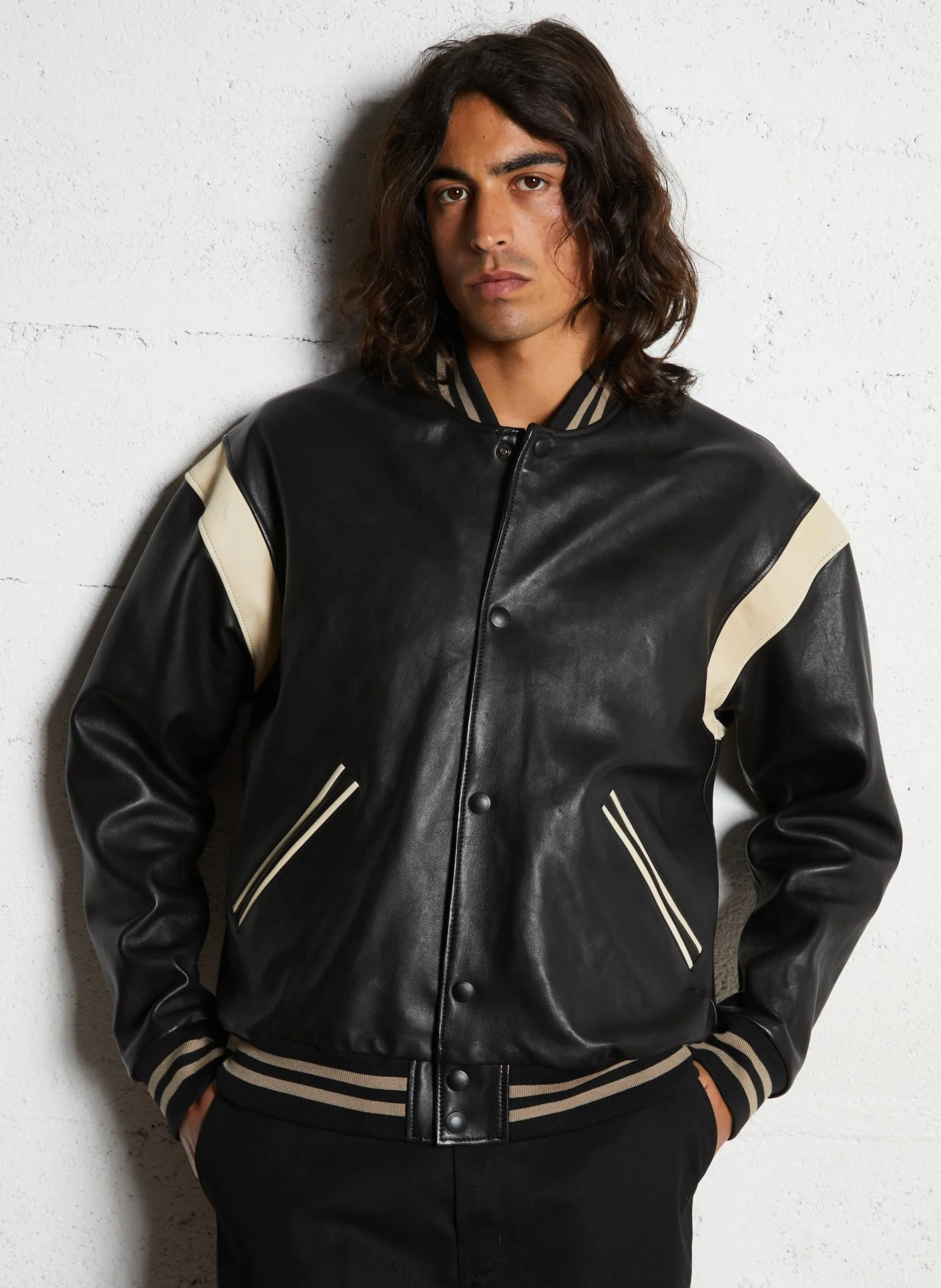 Veste col teddy en cuir Noir VARSITY