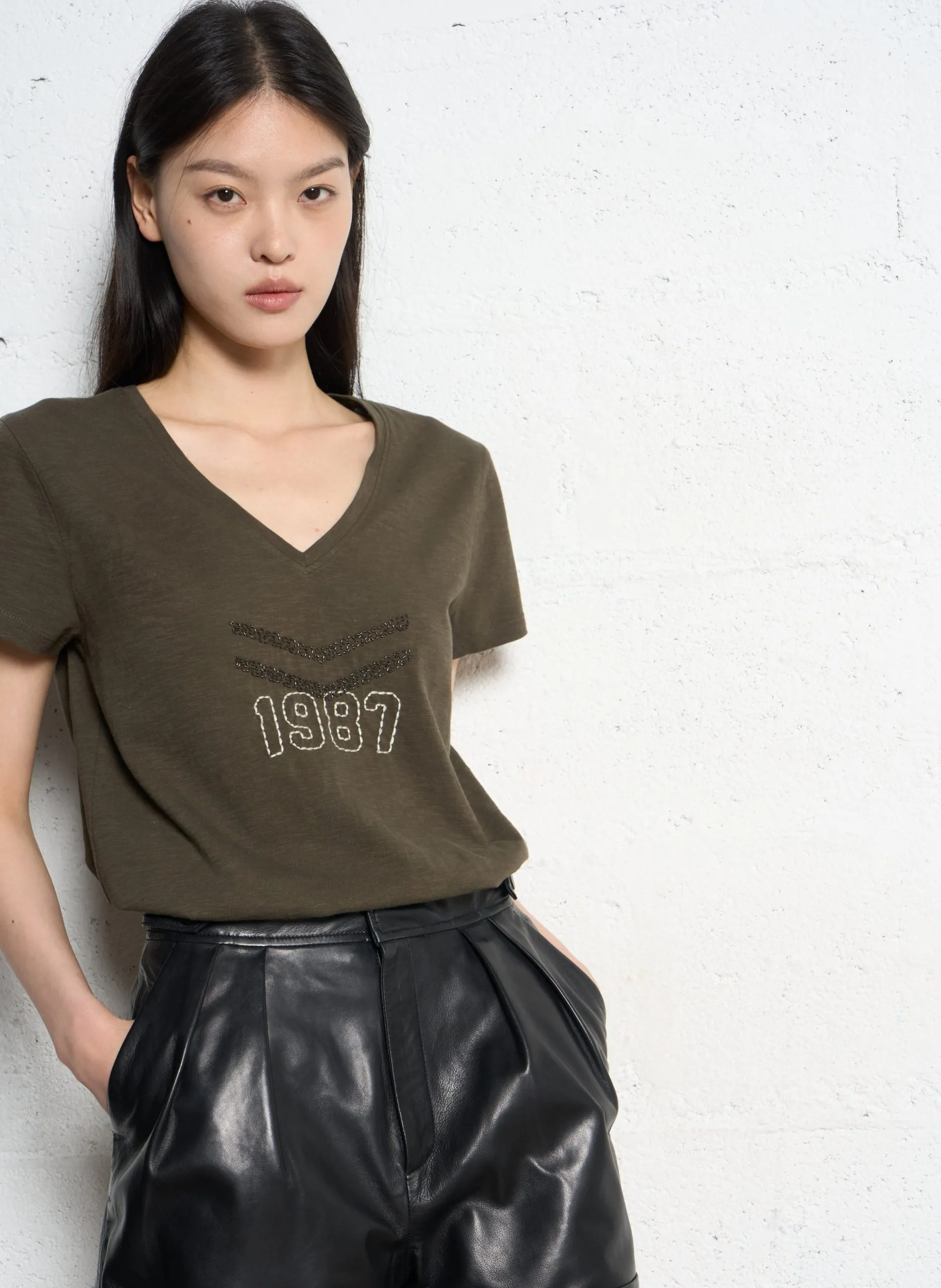 Tee-shirt col V en coton Kaki