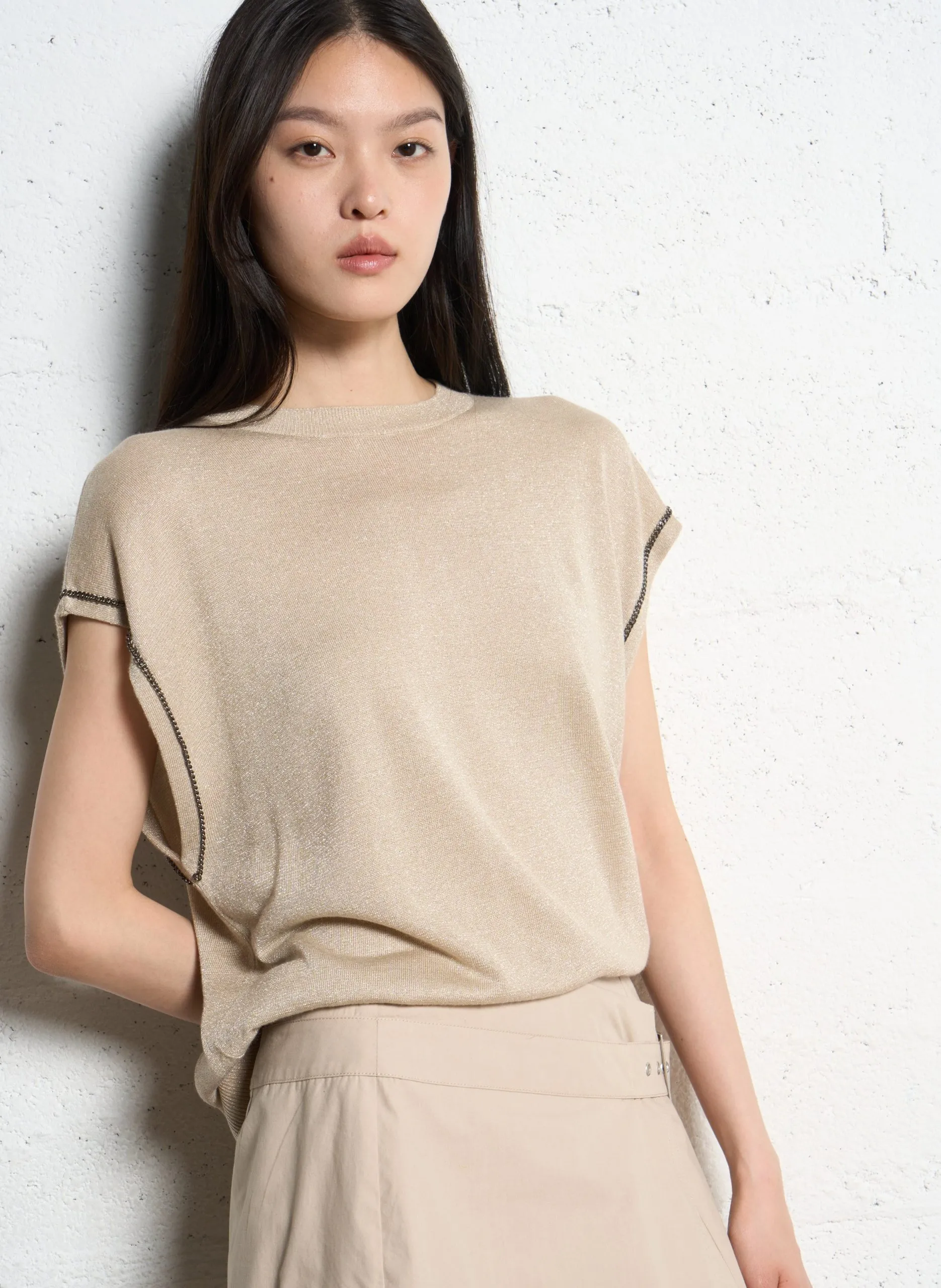 Pull droit sans manches à paillettes Beige