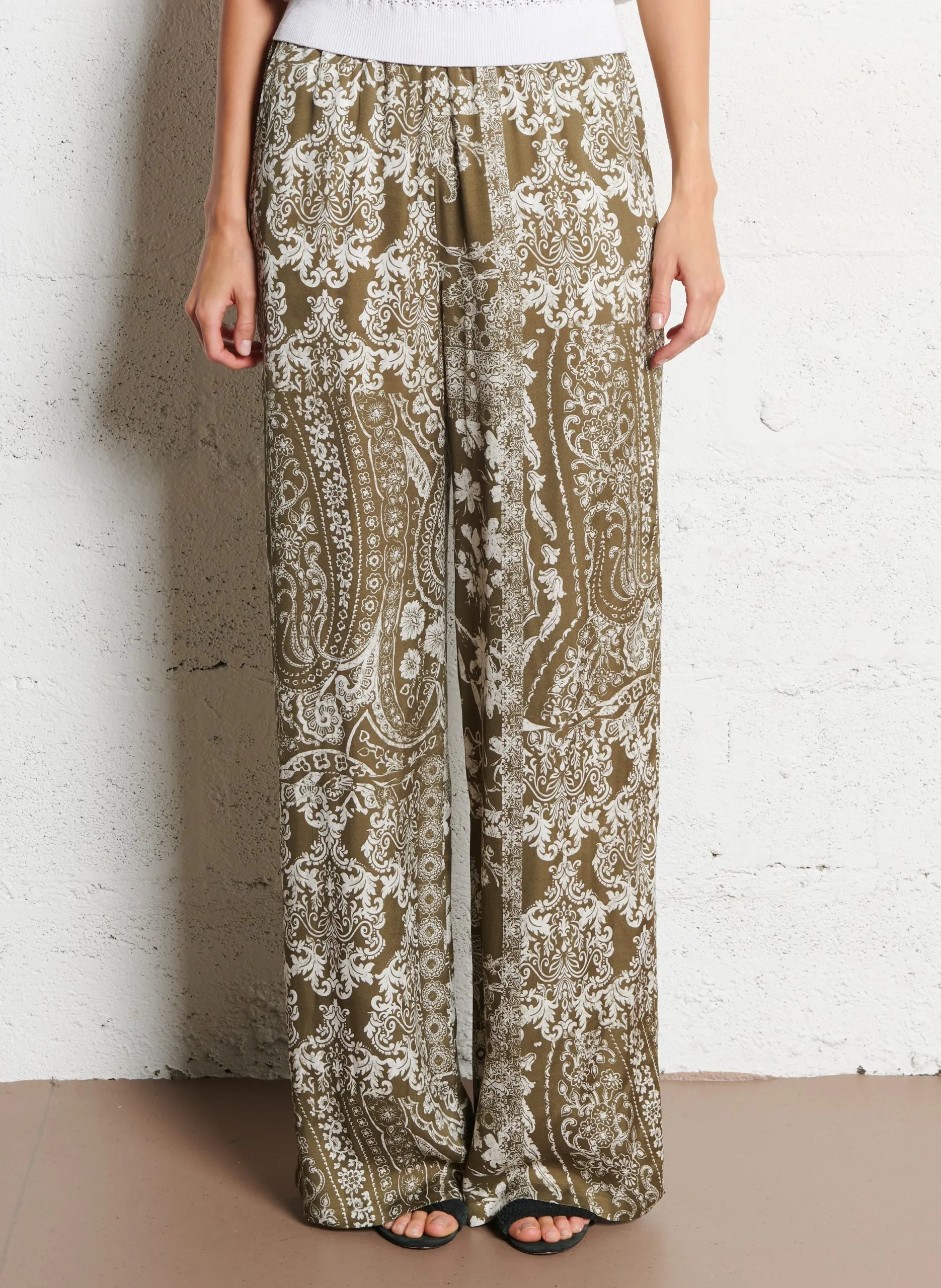 Pantalon large taille haute Kaki