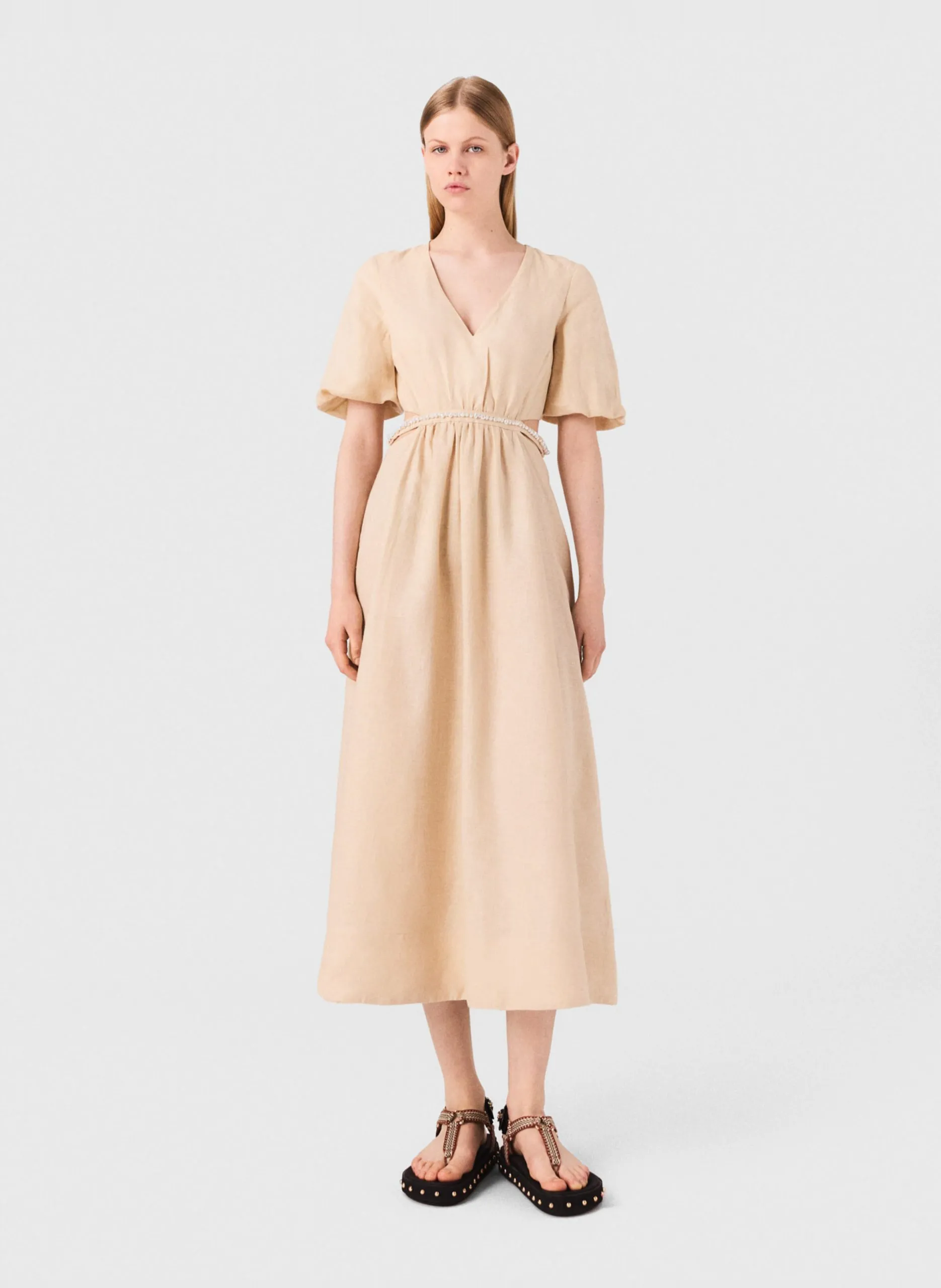 Robe longue col V en lin Beige