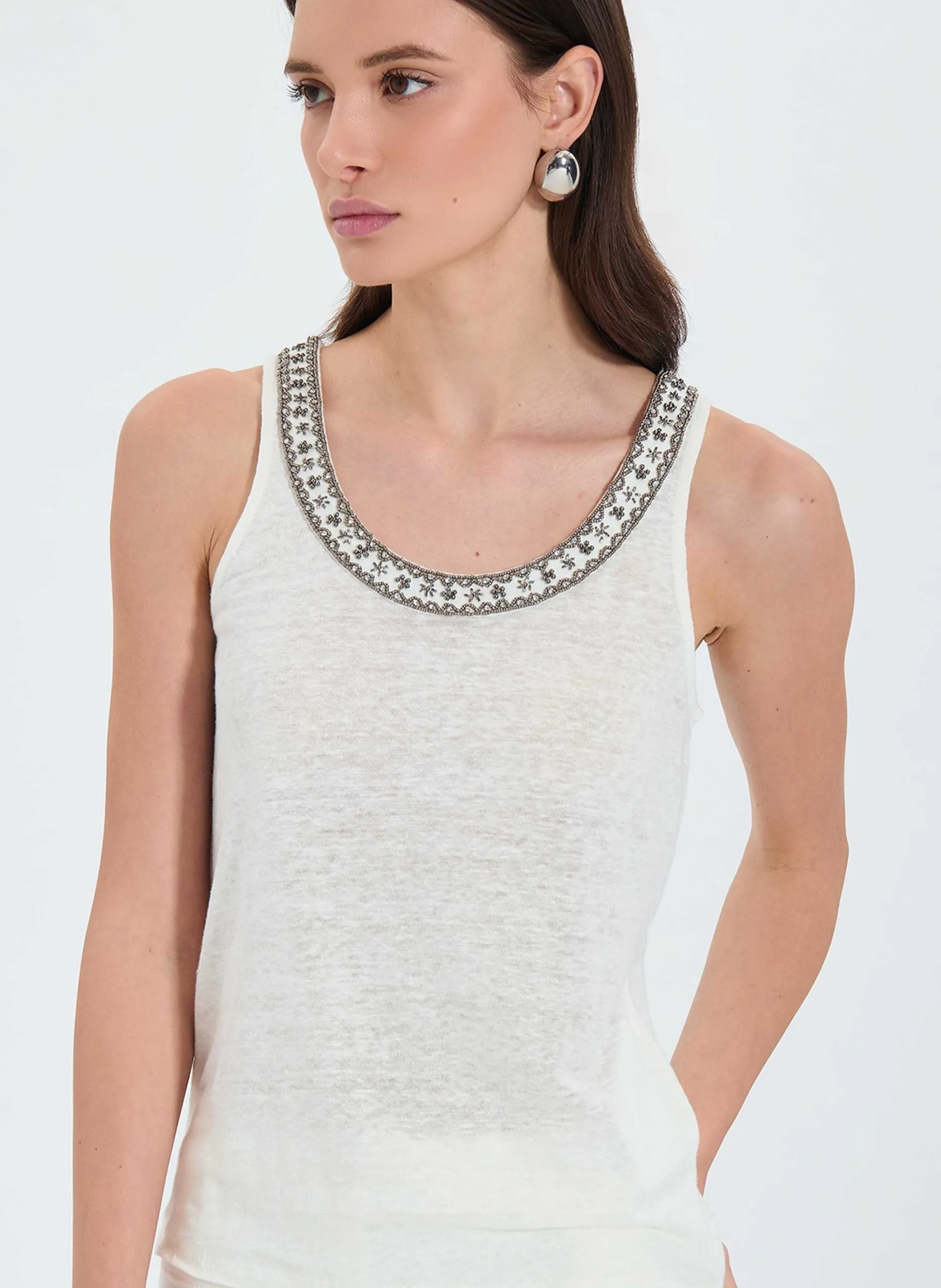 Top col rond en lin Blanc TADA