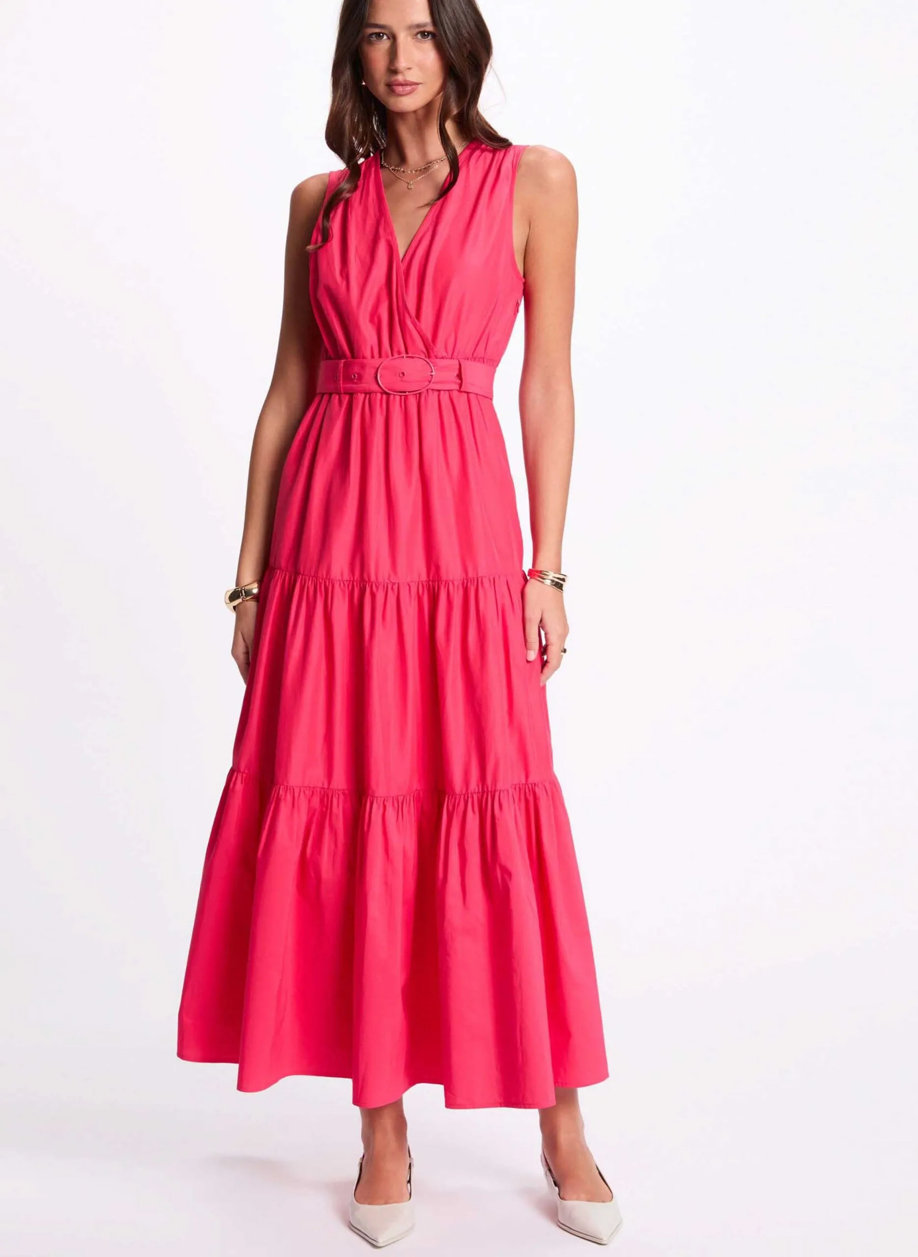 Robe longue col cache-coeur en coton mélangé Rose 251-RASKA