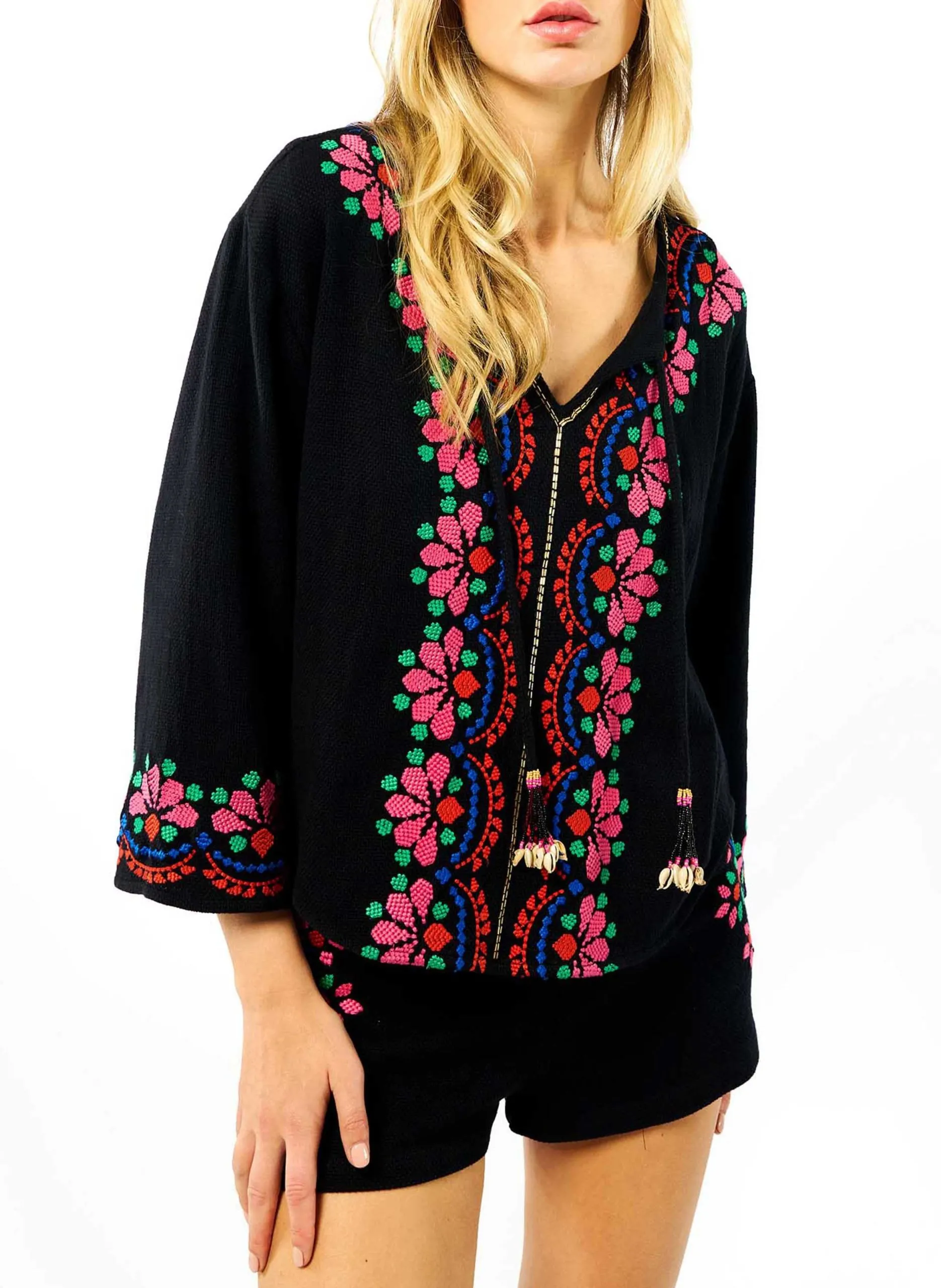 Blouse droite col tunisien en coton brodé Noir TALARA