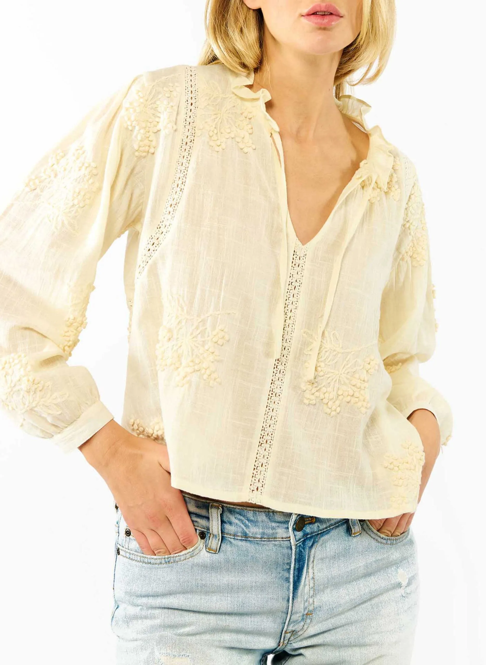 Top droit col tunisien en coton brodé Blanc TERESA