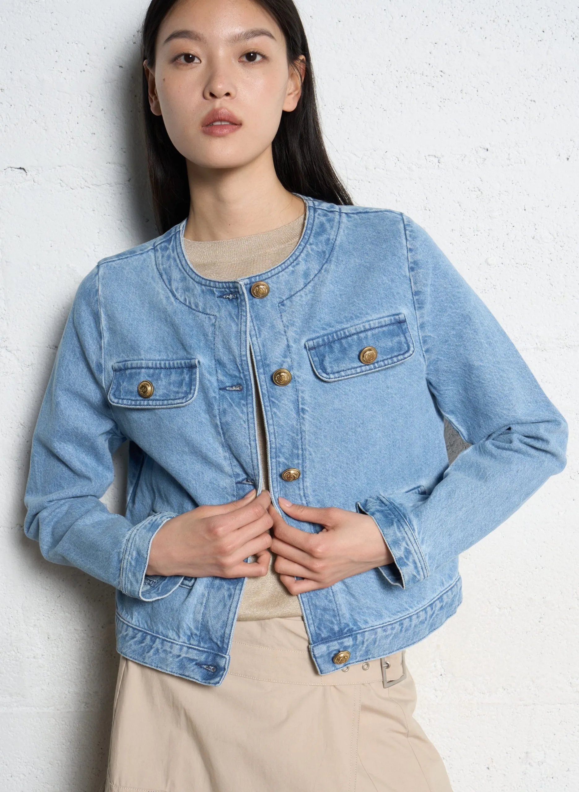 Veste en jean droite en coton Bleu